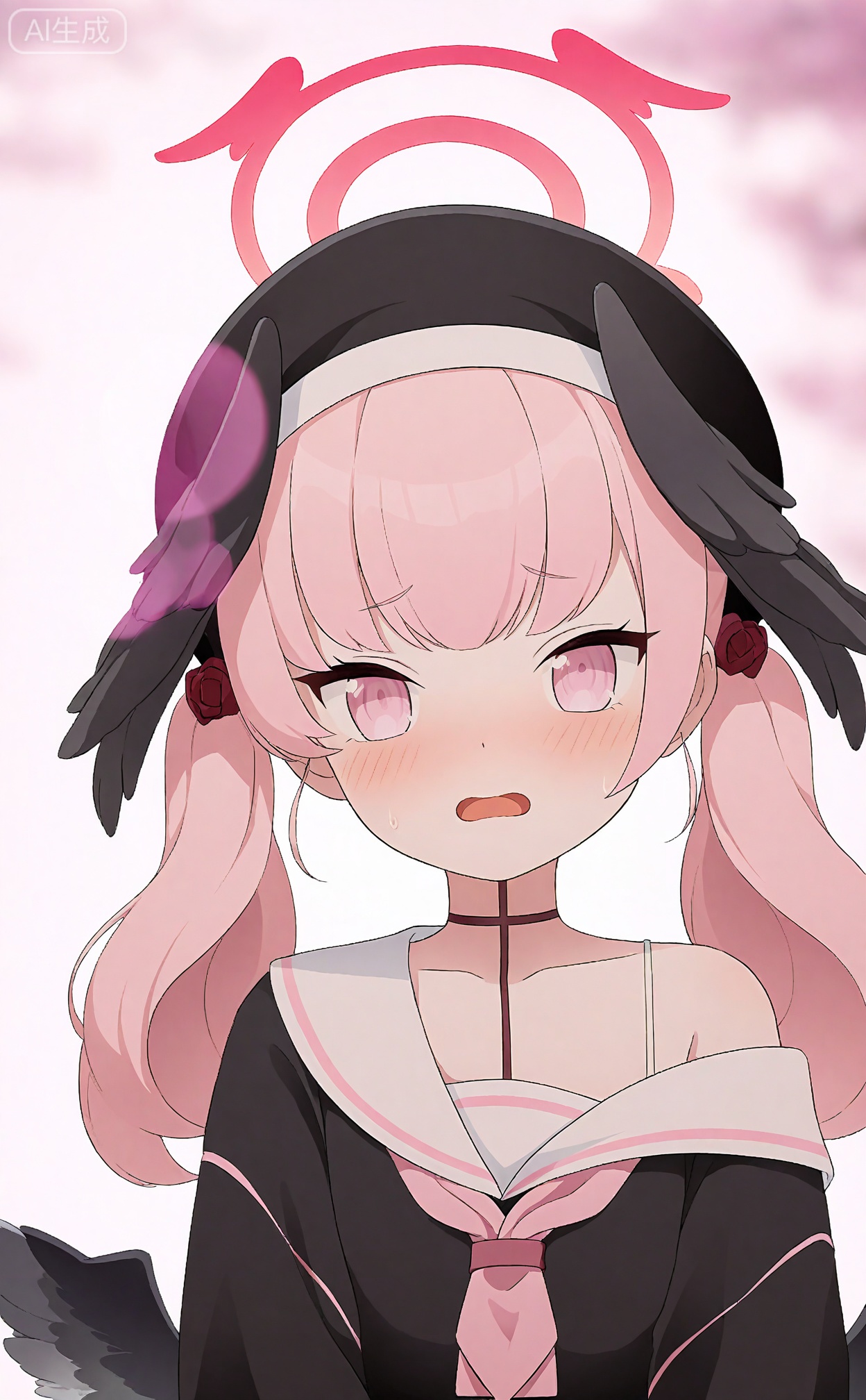 masterpiece,absurdres,best quality,loli,petite,high quality,chromatic_aberration,
//,
egtachie01,1girl,koharu (blue archive),pink hair,solo,pink eyes,head wings,hat,twintails,wings,pink neckerchief,black headwear,beret,looking at viewer,open mouth,black wings,collarbone,long sleeves,halo,sailor collar,upper body,neckerchief,white sailor collar,blush,long hair,black shirt,off shoulder,shirt,school uniform,winged hat,simple background,feathered wings,pink background,single bare shoulder,
//,
Depth of field,(colorful),hdr,Tyndall effect,depth of field,Tyndall Effect,blurry,blurry_background,depth_of_field,bokeh,glowing,