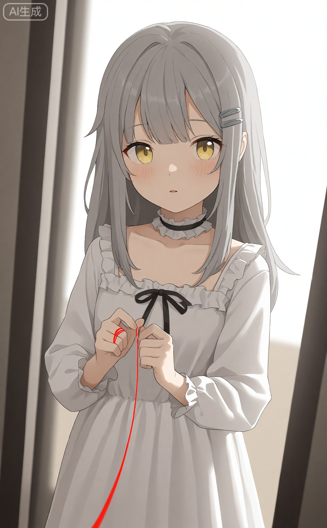 masterpiece,very aware,highres,absurdres,newest,best quality,petite,high quality,chromatic_aberration,cinematic_angle,dutch angle,photorealistic,
//,egtachie01,
//,1girl, long hair, looking at viewer, blush, bangs, hair ornament, long sleeves, dress, holding, collarbone, yellow eyes, grey hair, frills, parted lips, solo focus, choker, hairclip, string, string of fate, thread,
