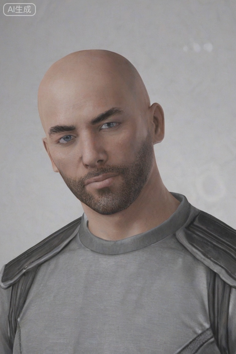 质量词: masterpiece, best quality, amazing quality, very aesthetic, absurdres, highres, newest,
画面风格:3D, 
人物: 1man, solo, 
人物特征: portrait, beard, bald, 
事件: looking at viewer,starfleet uniform