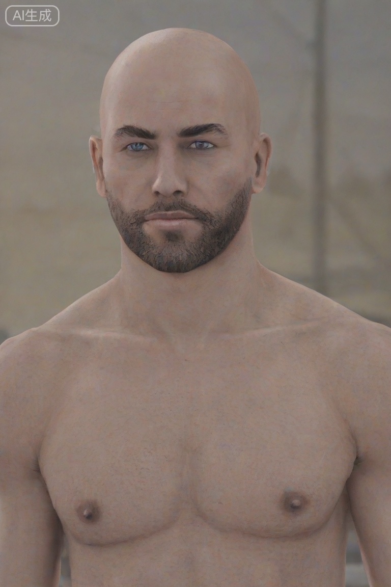 质量词: masterpiece, best quality, amazing quality, very aesthetic, absurdres, highres, newest,
画面风格:3D, blurry background, simple background,topless,
人物: 1man, solo, 
人物特征: portrait, beard, bald, 
事件: looking at viewer,