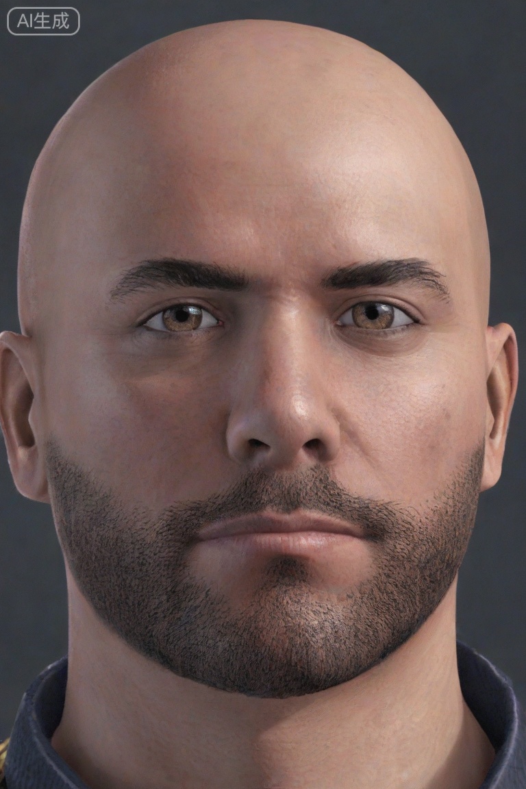 very awa, masterpiece, best quality, highres, absurdres, newest, aesthetic,3d, 人物: 1man, solo, 人物特征: portrait, beard, bald, 事件: looking at viewer,starfleet uniform