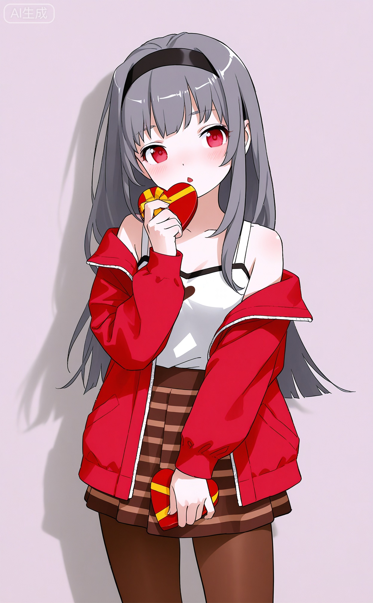 egtachie01,1girl,bare shoulders,black hairband,box,box of chocolates,brown pantyhose,brown skirt,candy,chestnut mouth,chocolate,food,grey hair,hairband,hand up,heart,heart-shaped box,heart-shaped chocolate,heart-shaped food,heart print,holding,holding box,holding chocolate,holding food,jacket,long hair,looking at viewer,off shoulder,open clothes,open jacket,pantyhose,parted lips,red eyes,red jacket,skirt,solo,standing,striped clothes,striped skirt, (artist:murata range:0.7)(reoen:1.1),(artist:rei \(sanbonzakura\),（artist:sho \(sho lwlw\),(artist:ask \(askzy\):0.7),