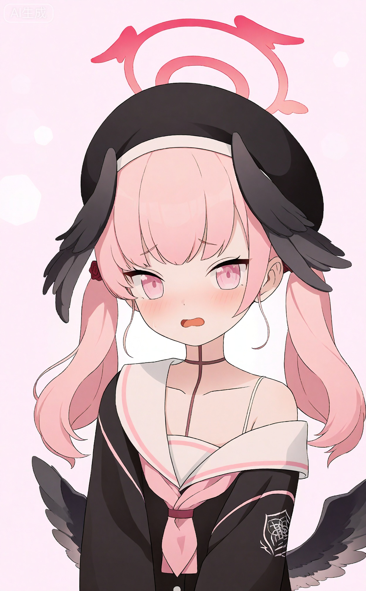 masterpiece,absurdres,best quality,loli,petite,high quality,chromatic_aberration,
//,
egtachie01,1girl,koharu (blue archive),pink hair,solo,pink eyes,head wings,hat,twintails,wings,pink neckerchief,black headwear,beret,looking at viewer,open mouth,black wings,collarbone,long sleeves,halo,sailor collar,upper body,neckerchief,white sailor collar,blush,long hair,black shirt,off shoulder,shirt,school uniform,winged hat,simple background,feathered wings,pink background,single bare shoulder,
//,
Depth of field,(colorful),hdr,Tyndall effect,depth of field,Tyndall Effect,blurry,blurry_background,depth_of_field,bokeh,glowing,