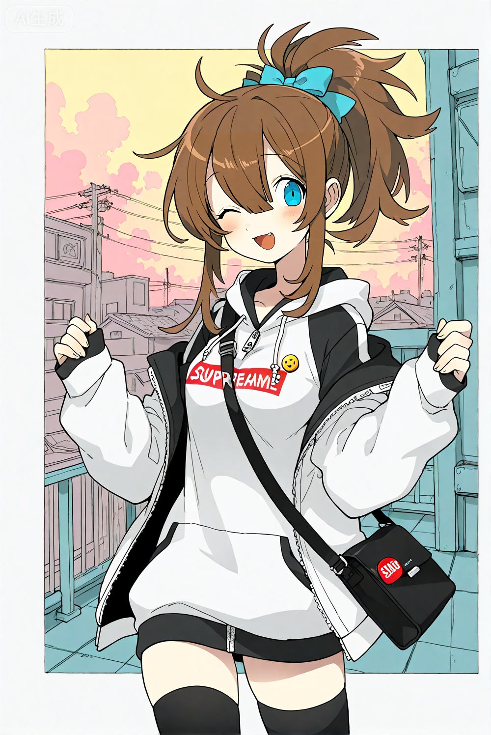 egtachie01,(artist:mazjojo:0.67), (artist:pigeon666:0.83), (artist:zawar379:0.73), (artist:remsrar:0.65), nub1mo, unnamed_style_4, 1girl, little girl, long hair, cutie, font view, best quality, highres, absurdres, aesthetic, very aesthetic, 
1girl,;d,badge,bag,black thighhighs,blue eyes,blunt bangs,blush,brand name imitation,breasts,brown hair,button badge,cowboy shot,hood,hoodie,jacket,long hoodie,long sleeves,looking at viewer,medium breasts,one eye closed,open clothes,open jacket,outdoors,pinching sleeves,short hair with long locks,shoulder bag,sleeves past wrists,smile,solo,supreme (brand),thighhighs,thighs,white hoodie,white jacket,zettai ryouiki,zipper,
(flat shading:1.2),rooftop edge,straight posture,
high color contrast,vivid warmth,geometric composition,sharp linework,modern digital style,
limited color palette,artist:morino hon's color blocking,artist:nuu 's shape design,artist:mikeymegamega 's perspective,
digital painting,clean vector lines,gradient transitions,hard edge lighting,left-weighted layout,photo frame border,aspect ratio,color field background,smooth gradients,
best quality, highres, absurdres, aesthetic, very aesthetic/ \(medium\)/1girl,ponytail,small breasts,bowknot,hair between eyes/,loli,alke