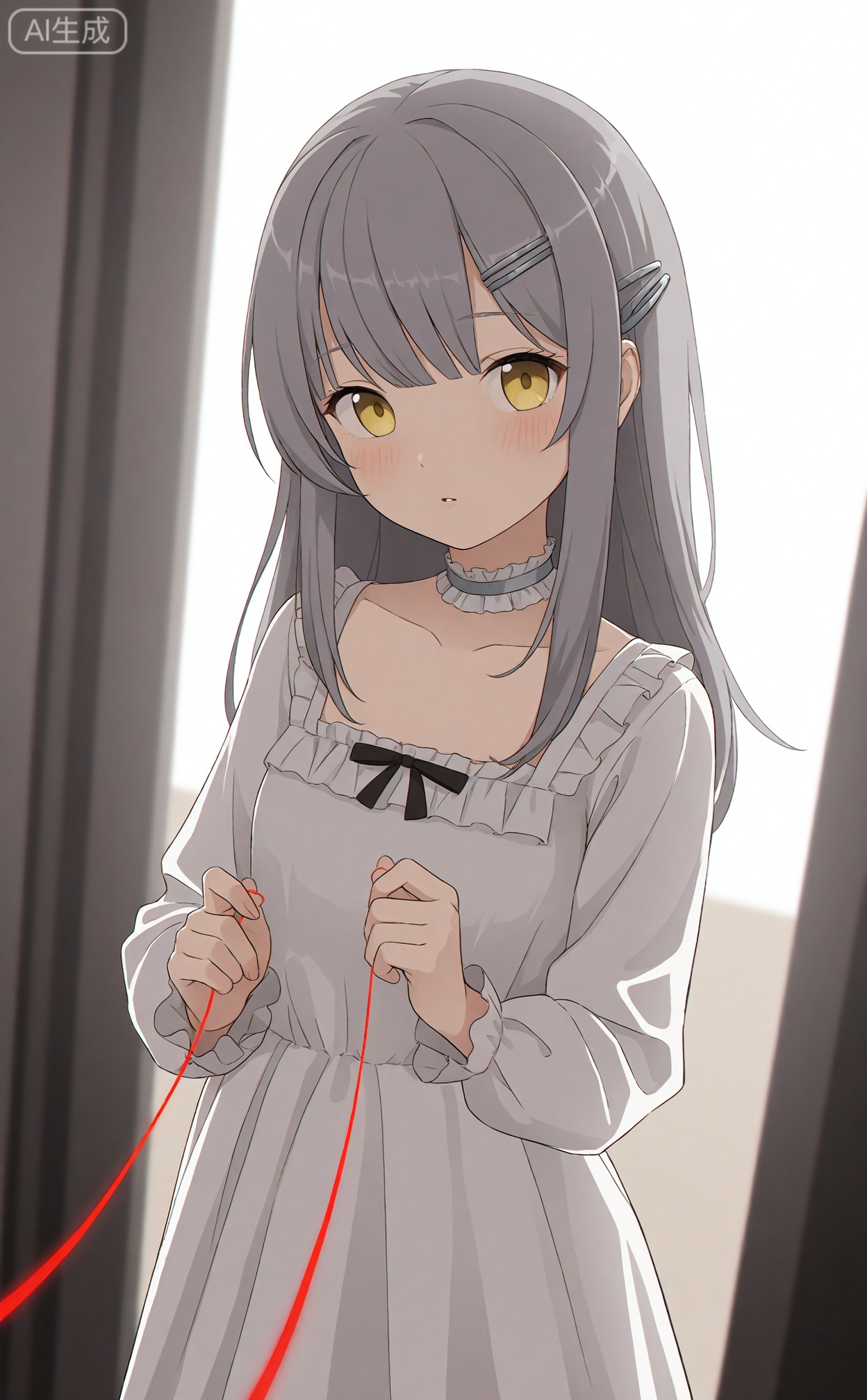 masterpiece,very aware,highres,absurdres,newest,best quality,petite,high quality,chromatic_aberration,cinematic_angle,dutch angle,photorealistic,
//,egtachie01,
//,1girl, long hair, looking at viewer, blush, bangs, hair ornament, long sleeves, dress, holding, collarbone, yellow eyes, grey hair, frills, parted lips, solo focus, choker, hairclip, string, string of fate, thread,