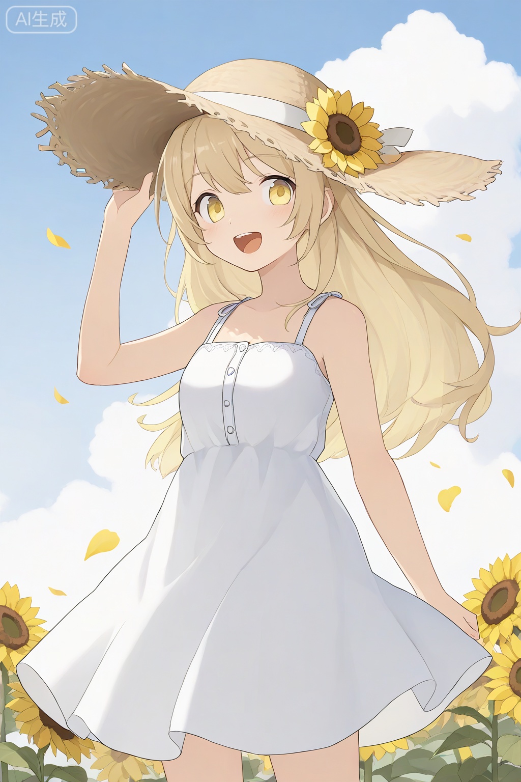 egtachie01,1girl,blonde hair,brown hat,cloud,cloudy sky,day,dress,flower,hat,long hair,open mouth,outdoors,petals,sky,sleeveless,sleeveless dress,smile,solo,straw hat,sundress,sunflower,white dress,yellow eyes,yellow flower, 