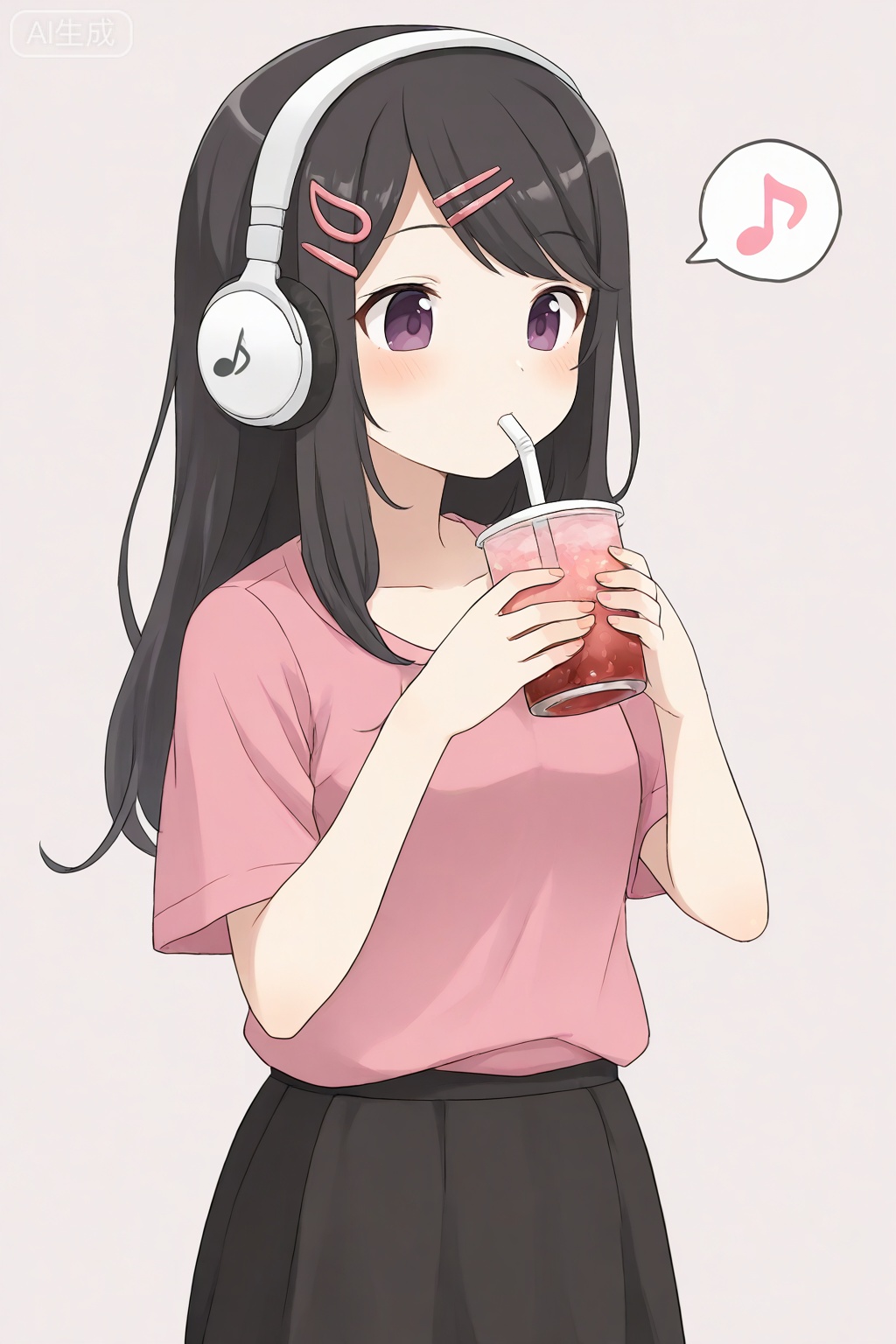 egtachie01,1girl,black hair,black skirt,blush,drink,drinking,drinking straw,eighth note,hair ornament,hairclip,headphones,holding,holding drink,long hair,musical note,pink shirt,purple eyes,shirt,short sleeves,skirt,solo,spoken musical note,upper body, 