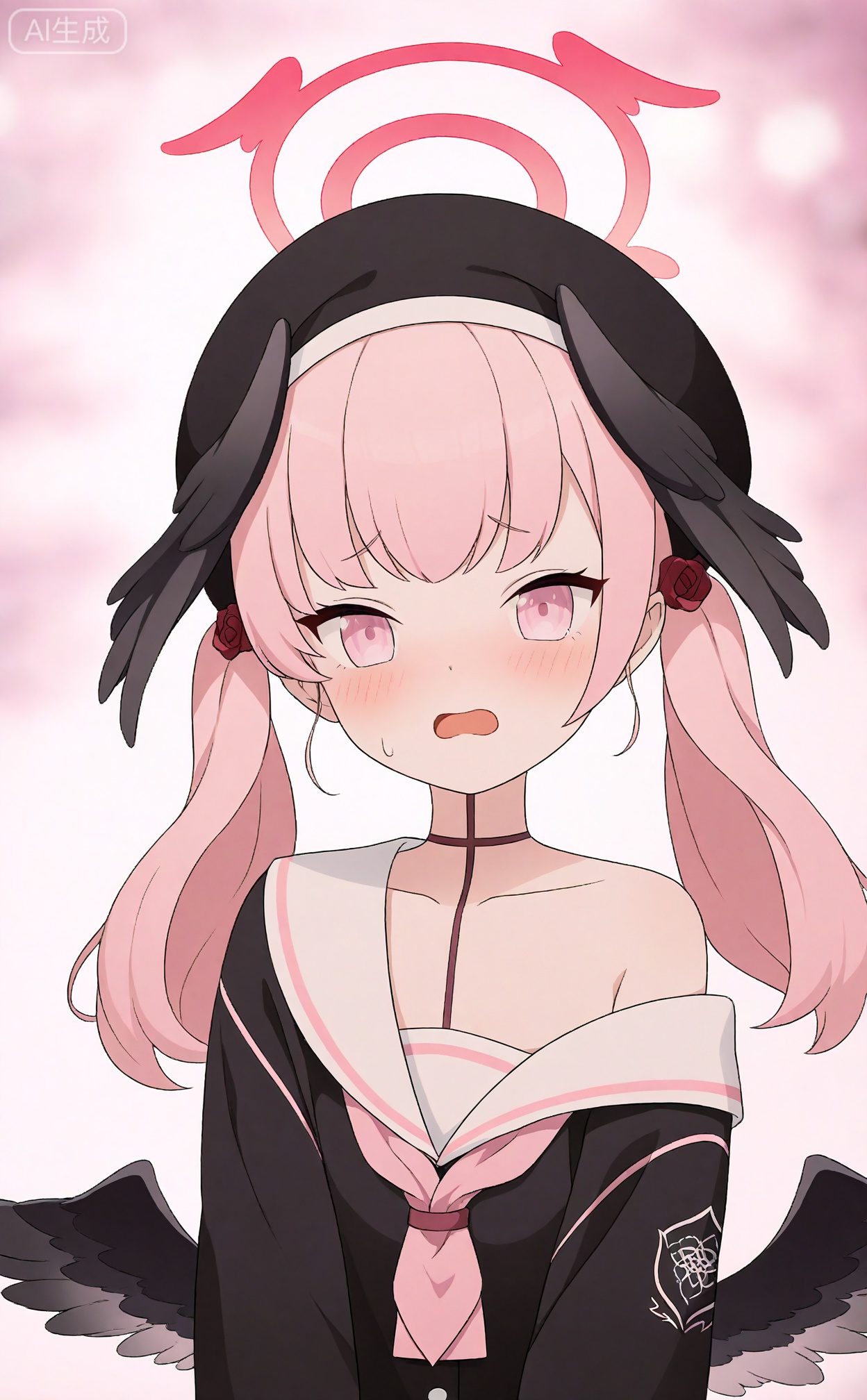 masterpiece,absurdres,best quality,loli,petite,high quality,chromatic_aberration,
//,
egtachie01,1girl,koharu (blue archive),pink hair,solo,pink eyes,head wings,hat,twintails,wings,pink neckerchief,black headwear,beret,looking at viewer,open mouth,black wings,collarbone,long sleeves,halo,sailor collar,upper body,neckerchief,white sailor collar,blush,long hair,black shirt,off shoulder,shirt,school uniform,winged hat,simple background,feathered wings,pink background,single bare shoulder,
//,
Depth of field,(colorful),hdr,Tyndall effect,depth of field,Tyndall Effect,blurry,blurry_background,depth_of_field,bokeh,glowing,