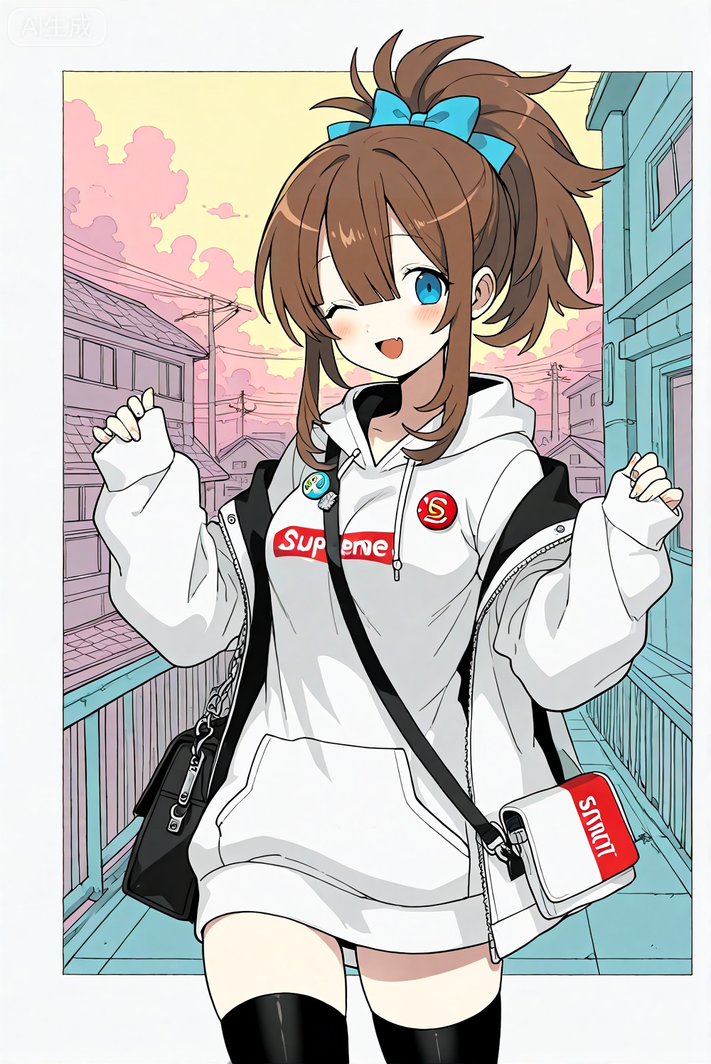 egtachie01,(artist:mazjojo:0.67), (artist:pigeon666:0.83), (artist:zawar379:0.73), (artist:remsrar:0.65), nub1mo, unnamed_style_4, 1girl, little girl, long hair, cutie, font view, best quality, highres, absurdres, aesthetic, very aesthetic, 
1girl,;d,badge,bag,black thighhighs,blue eyes,blunt bangs,blush,brand name imitation,breasts,brown hair,button badge,cowboy shot,hood,hoodie,jacket,long hoodie,long sleeves,looking at viewer,medium breasts,one eye closed,open clothes,open jacket,outdoors,pinching sleeves,short hair with long locks,shoulder bag,sleeves past wrists,smile,solo,supreme (brand),thighhighs,thighs,white hoodie,white jacket,zettai ryouiki,zipper,
(flat shading:1.2),rooftop edge,straight posture,
high color contrast,vivid warmth,geometric composition,sharp linework,modern digital style,
limited color palette,artist:morino hon's color blocking,artist:nuu 's shape design,artist:mikeymegamega 's perspective,
digital painting,clean vector lines,gradient transitions,hard edge lighting,left-weighted layout,photo frame border,aspect ratio,color field background,smooth gradients,
best quality, highres, absurdres, aesthetic, very aesthetic/ \(medium\)/1girl,ponytail,small breasts,bowknot,hair between eyes/,loli,alke