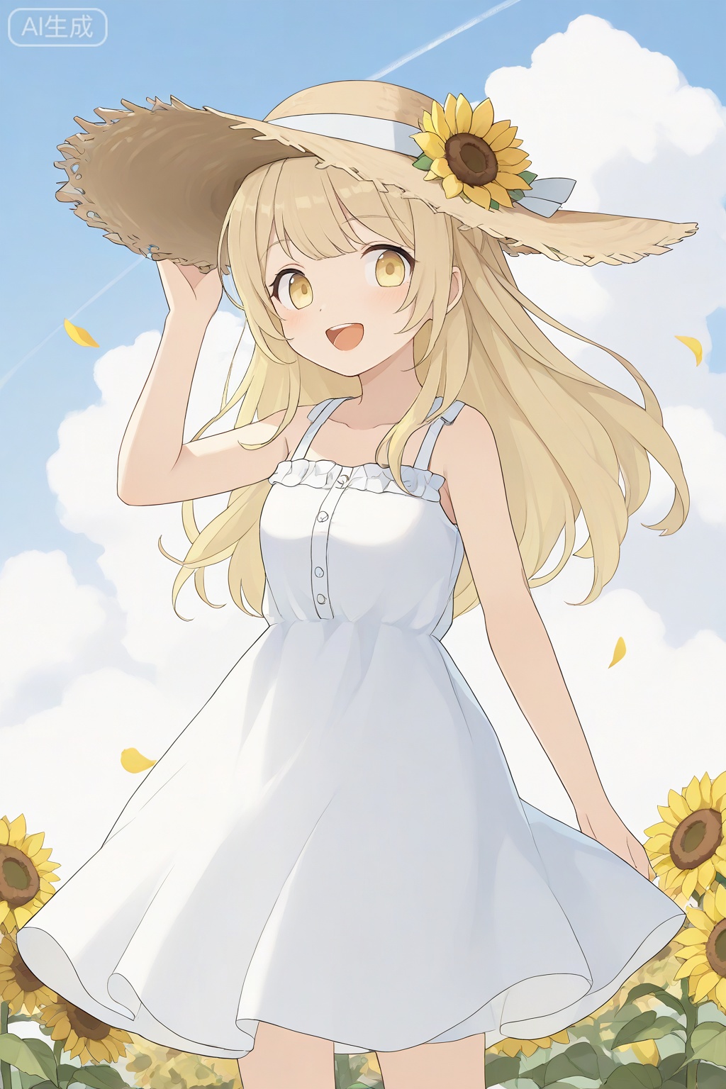 egtachie01,1girl,blonde hair,brown hat,cloud,cloudy sky,day,dress,flower,hat,long hair,open mouth,outdoors,petals,sky,sleeveless,sleeveless dress,smile,solo,straw hat,sundress,sunflower,white dress,yellow eyes,yellow flower, 