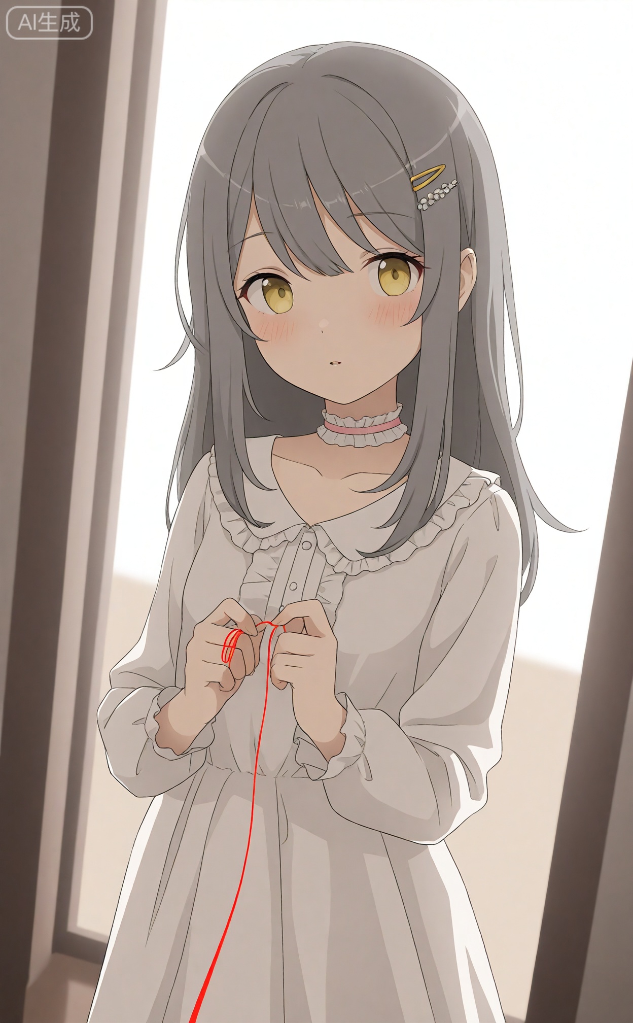 masterpiece,very aware,highres,absurdres,newest,best quality,petite,high quality,chromatic_aberration,cinematic_angle,dutch angle,photorealistic,
//,egtachie01,
//,1girl, long hair, looking at viewer, blush, bangs, hair ornament, long sleeves, dress, holding, collarbone, yellow eyes, grey hair, frills, parted lips, solo focus, choker, hairclip, string, string of fate, thread,