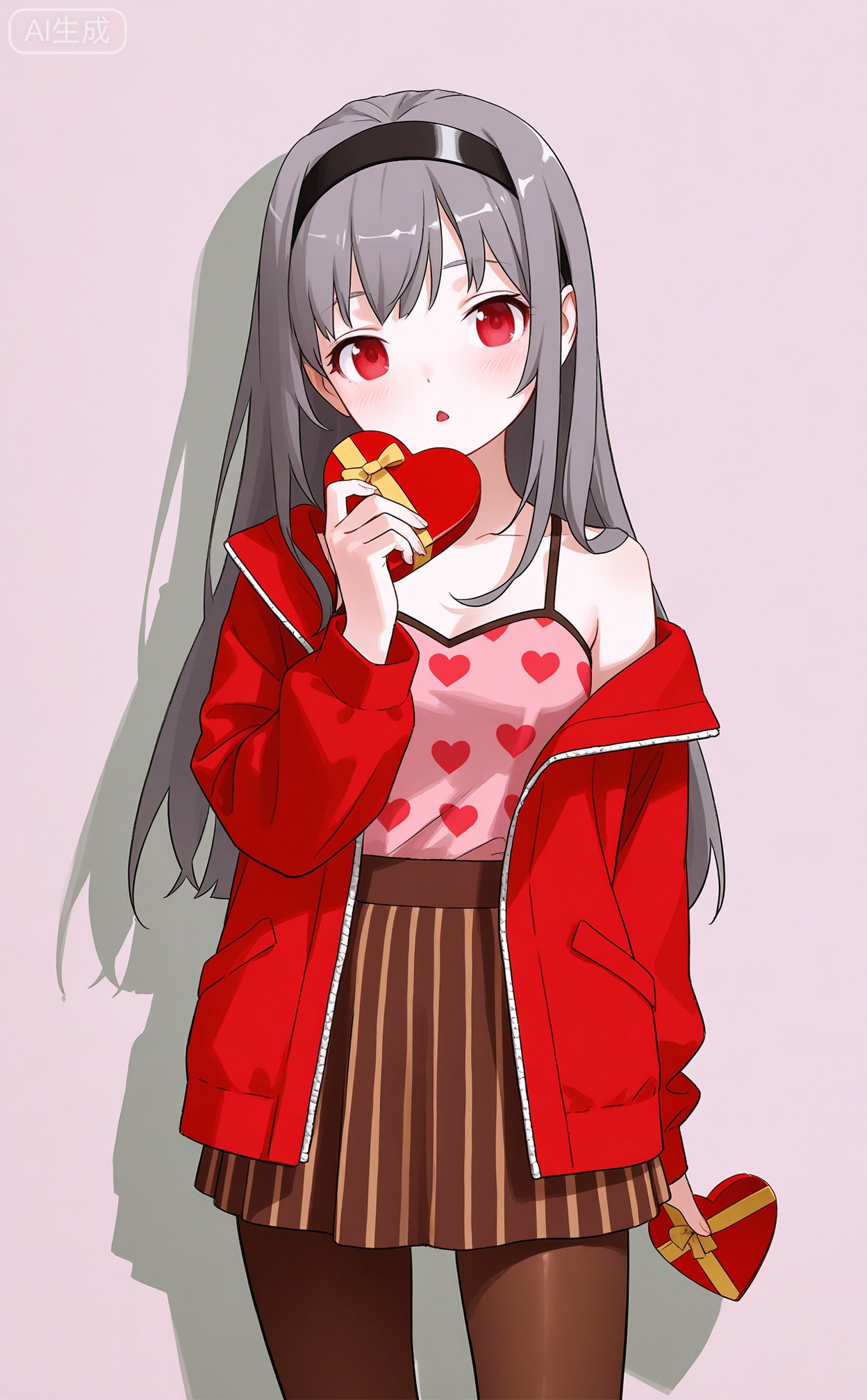 egtachie01,1girl,bare shoulders,black hairband,box,box of chocolates,brown pantyhose,brown skirt,candy,chestnut mouth,chocolate,food,grey hair,hairband,hand up,heart,heart-shaped box,heart-shaped chocolate,heart-shaped food,heart print,holding,holding box,holding chocolate,holding food,jacket,long hair,looking at viewer,off shoulder,open clothes,open jacket,pantyhose,parted lips,red eyes,red jacket,skirt,solo,standing,striped clothes,striped skirt, (artist:murata range:0.7)(reoen:1.1),(artist:rei \(sanbonzakura\),（artist:sho \(sho lwlw\),(artist:ask \(askzy\):0.7),