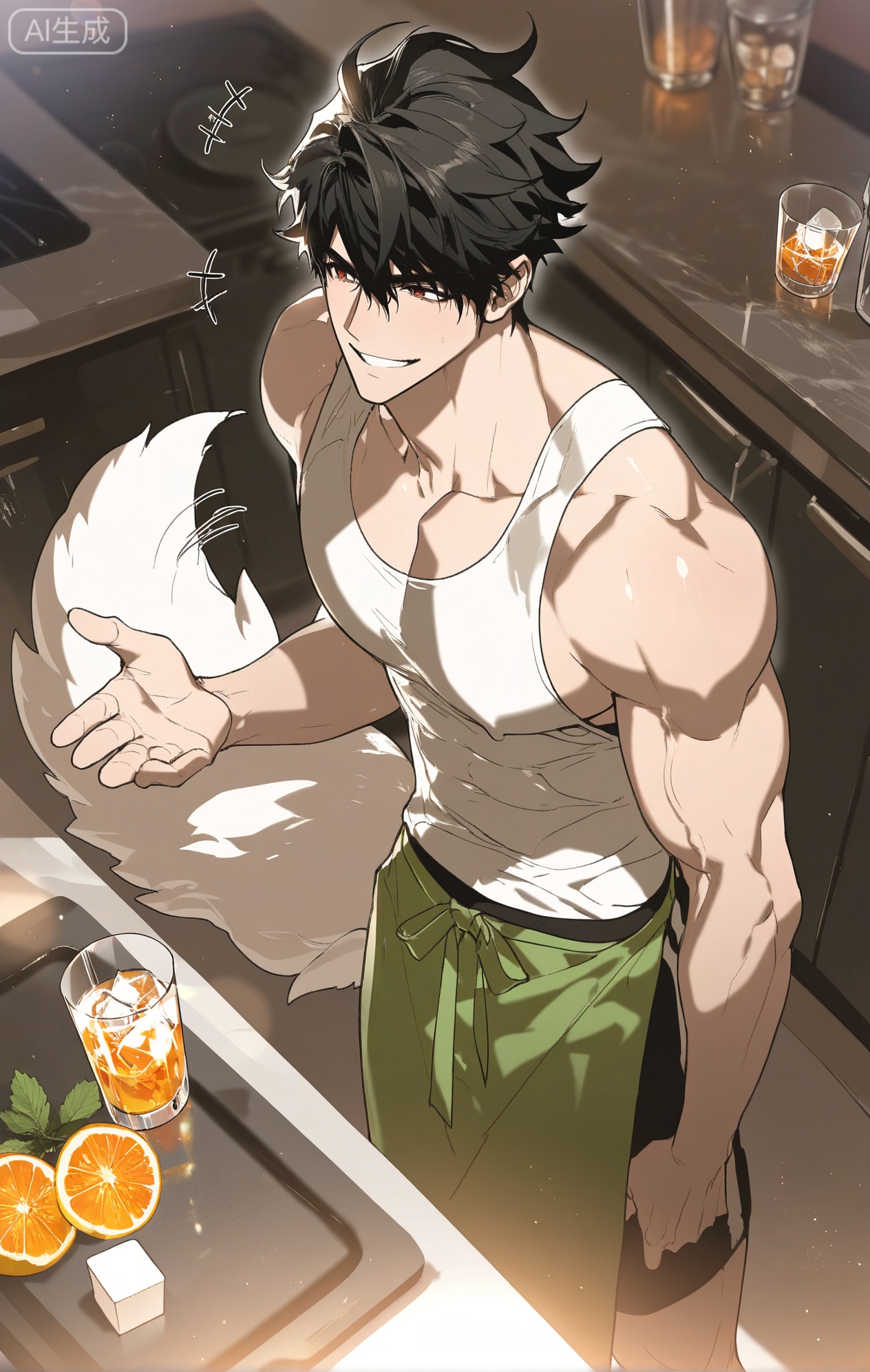 (artist:mazjojo:0.83),(artist:pigeon666:0.67),(artist:zawar379:0.77),(artist:remsrar:0.65),(artist:yoneyama mai:0.74),(artist:chimmyming:0.72),masterpiece,4k,hd,HDR,amazing quality,best quality,high resolution,goldenfieldszho,newest,very aesthetic,ultra-detailed,absurdres,perfect lighting,volumetric lighting,(bright, sunny kitchen lighting),shadowing,(good shadowing),depth of field,scenery,amazing aesthetics,cinematic lighting,cinematic,shading,(good shading),counter shading,subsurface scattering,intricate details,illustration,perfect hands,1boy,handsome,interesting,male focus,bara,sexy,solo,focused on his task,
(a content, happy smile as he works:1.4),(humming a tune:1.2),
muscular male,abs,large pectorals,
wearing (a simple apron over a **** top and shorts:1.5),(nine fluffy white fox tails, wagging slightly as he concentrates:1.5),
(standing at a kitchen counter, dropping ice cubes into a tall glass:1.5),(a blender filled with fruit smoothie nearby:1.3),
background: modern kitchen,bowls of fresh fruit (lemons, mint, berries),sunlight,backlit,dynamic pose,dynamic angle,detailed background,full body,bishounen,tall male,close-up,(soft color images:1.3),light particles,lens flare



,,xiaozhitiao,Jiang Hanji,short hair,black hair,red eyes,dianmei