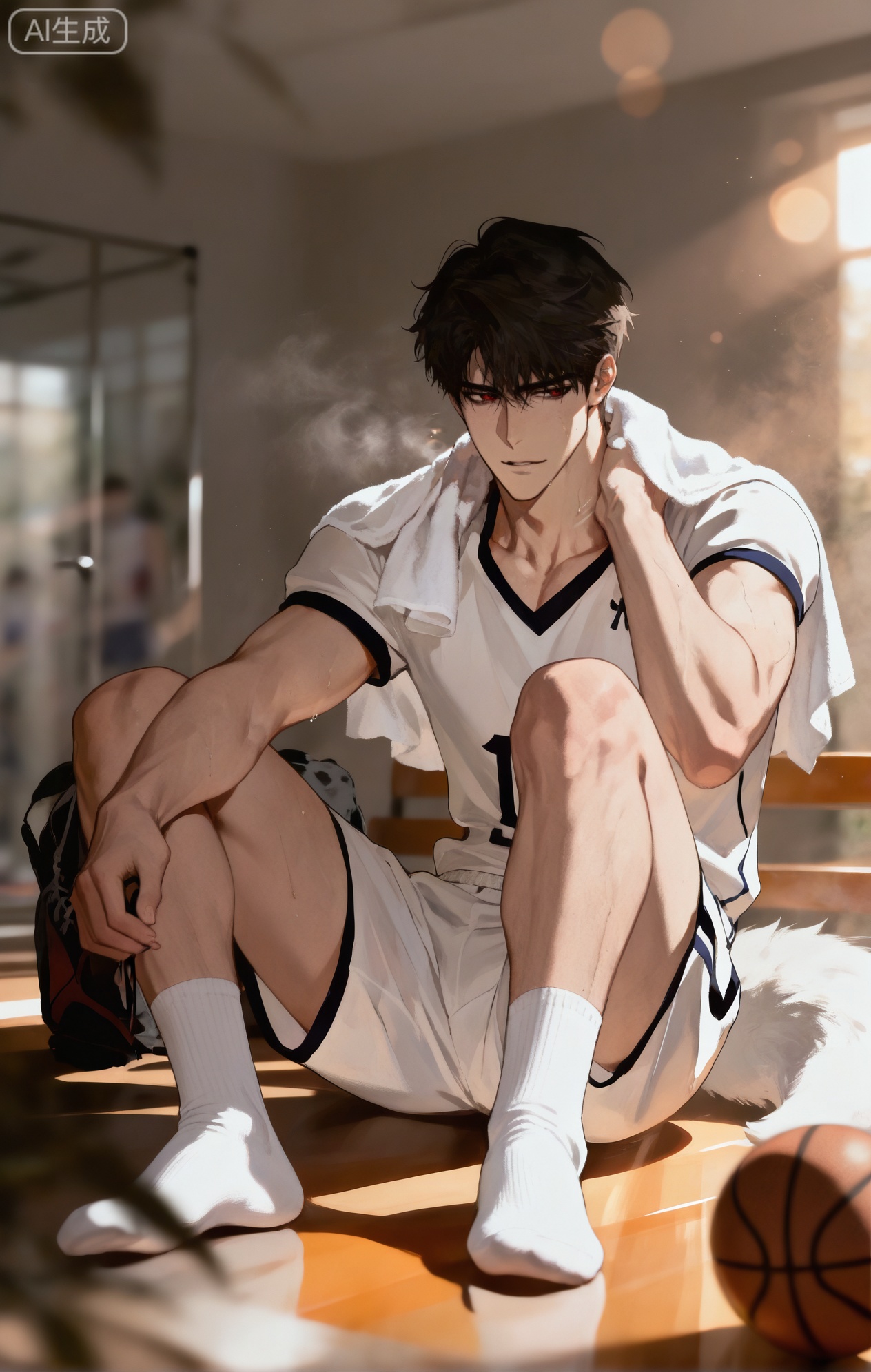 (artist:mazjojo:0.83),(artist:pigeon666:0.67),(artist:zawar379:0.77),(artist:remsrar:0.65),(artist:yoneyama mai:0.74),(artist:chimmyming:0.72),masterpiece,4k,hd,HDR,amazing quality,best quality,high resolution,goldenfieldszho,newest,very aesthetic,ultra-detailed,absurdres,perfect lighting,volumetric lighting,(bright, clean locker room lighting),shadowing,(good shadowing),depth of field,scenery,amazing aesthetics,cinematic lighting,cinematic,shading,(good shading),counter shading,subsurface scattering,intricate details,illustration,perfect hands,1boy,handsome,interesting,male focus,bara,sexy,solo,looking at his reflection in the mirror with a satisfied smile,
(taking a deep breath, feeling accomplished:1.4),(wiping sweat from his neck with a towel:1.2),
muscular male,abs,large pectorals,sweaty,
wearing (a grey athletic **** top and black basketball shorts:1.5),(a towel draped over his shoulders:1.3),(nine fluffy white fox tails, wagging slightly:1.5),
(sitting on a bench, tying his shoelaces:1.4),(a sports bag next to him:1.2),
background: gym locker room,benches,lockers,backlit,dynamic pose,dynamic angle,detailed background,full body,bishounen,tall male,close-up,light particles,lens flare



,,xiaozhitiao,Jiang Hanji,short hair,black hair,red eyes