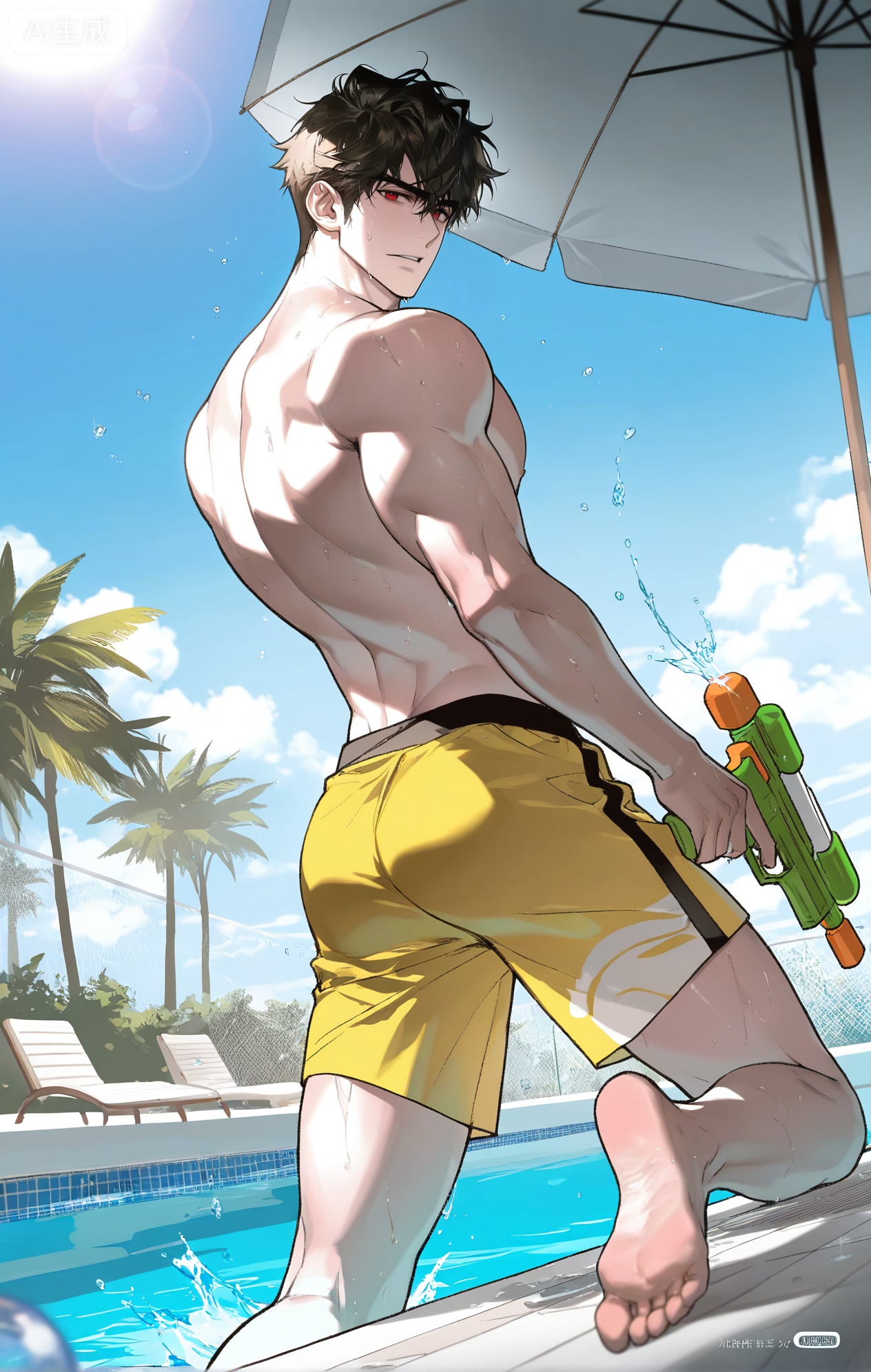 (artist:mazjojo:0.83),(artist:pigeon666:0.67),(artist:zawar379:0.77),(artist:remsrar:0.65),(artist:yoneyama mai:0.74),(artist:chimmyming:0.72),masterpiece,4k,hd,HDR,amazing quality,best quality,high resolution,goldenfieldszho,newest,very aesthetic,ultra-detailed,absurdres,perfect lighting,volumetric lighting,(bright, sunny kitchen lighting),shadowing,(good shadowing),depth of field,scenery,amazing aesthetics,cinematic lighting,cinematic,shading,(good shading),counter shading,subsurface scattering,intricate details,illustration,perfect hands,1boy,handsome,interesting,male focus,bara,sexy,solo,focused on his task,
water gun, 1boy, male focus, blonde hair, pool, male swimwear, outdoors, solo, holding water gun, water, short hair, ass, day, topless male, holding, barefoot, swim ring, sky, shorts, innertube, back, muscular male, muscular, looking at viewer, yellow shorts, swim trunks, blue sky, rubber duck, umbrella, standing, looking back, feet, artist name, toes, wet, full body, poolside, pectorals, soles, dutch angle, from behind, splashing, bara180 meters, tall legged male


,,xiaozhitiao,Jiang Hanji,short hair,black hair,red eyes,dianmei,Small note art style