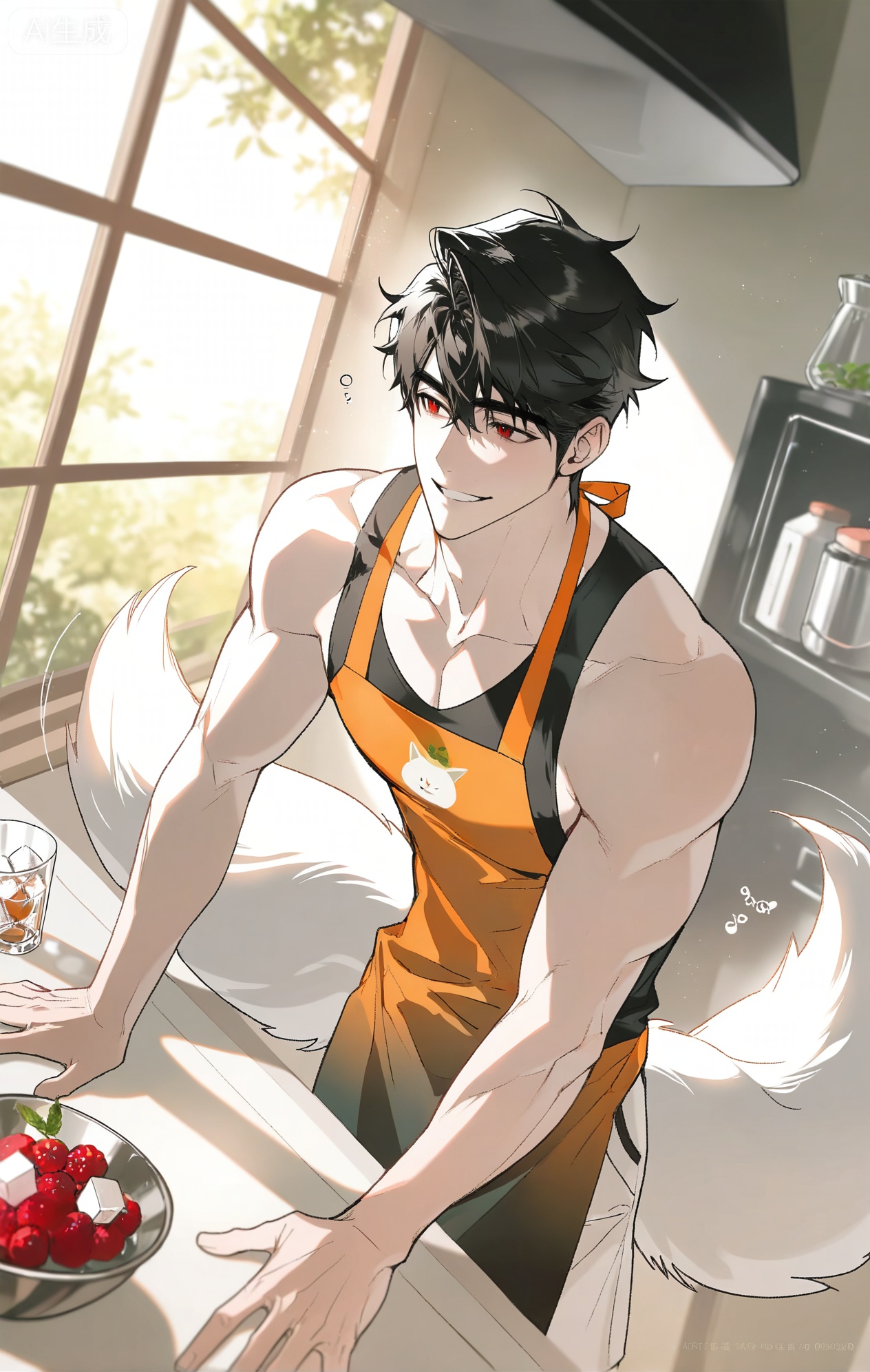 (artist:mazjojo:0.83),(artist:pigeon666:0.67),(artist:zawar379:0.77),(artist:remsrar:0.65),(artist:yoneyama mai:0.74),(artist:chimmyming:0.72),masterpiece,4k,hd,HDR,amazing quality,best quality,high resolution,goldenfieldszho,newest,very aesthetic,ultra-detailed,absurdres,perfect lighting,volumetric lighting,(bright, sunny kitchen lighting),shadowing,(good shadowing),depth of field,scenery,amazing aesthetics,cinematic lighting,cinematic,shading,(good shading),counter shading,subsurface scattering,intricate details,illustration,perfect hands,1boy,handsome,interesting,male focus,bara,sexy,solo,focused on his task,
(a content, happy smile as he works:1.4),(humming a tune:1.2),
muscular male,abs,large pectorals,
wearing (a simple apron over a **** top and shorts:1.5),(nine fluffy white fox tails, wagging slightly as he concentrates:1.5),
(standing at a kitchen counter, dropping ice cubes into a tall glass:1.5),(a blender filled with fruit smoothie nearby:1.3),
background: modern kitchen,bowls of fresh fruit (lemons, mint, berries),sunlight,backlit,dynamic pose,dynamic angle,detailed background,full body,bishounen,tall male,close-up,(soft color images:1.3),light particles,lens flare



,,xiaozhitiao,Jiang Hanji,short hair,black hair,red eyes,dianmei,Small note art style
