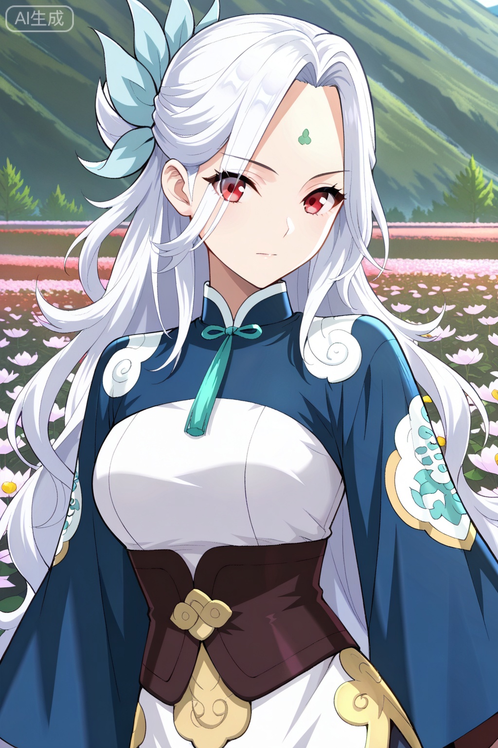 flower field,flower field,



upper body,looking at viewer,

药灵,masterpiece,best quality,official art,extremely detailed CG unity 8k wallpaper,1girl, solo, long white hair, wavy hair, side ponytail, half updo, red eyes, forehead mark, one hair strand sticking up, anime stylechinese dress, short dress, blue and white dress, 



long wide sleeves, blue sleeves, dark waist corset, emblem on sleeve, decorated dress hem, cape-like cloth behind, ornamental design, blue ribbon hair accessory,
