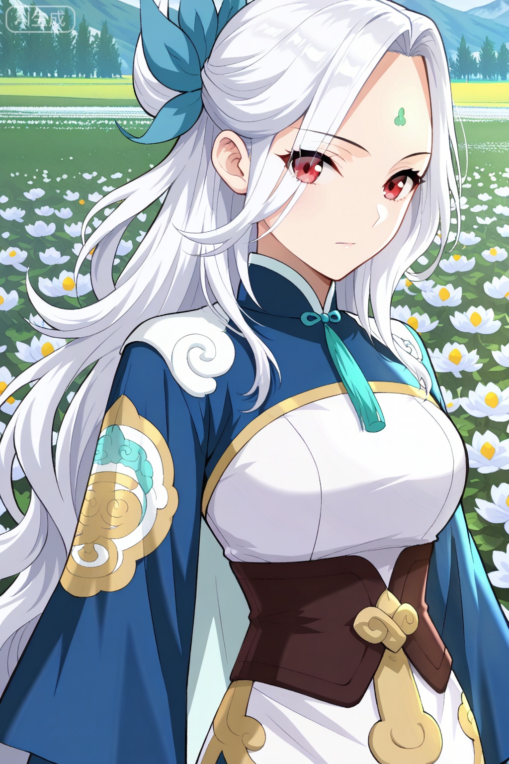 flower field,flower field,



upper body,looking at viewer,

药灵,masterpiece,best quality,official art,extremely detailed CG unity 8k wallpaper,1girl, solo, long white hair, wavy hair, side ponytail, half updo, red eyes, forehead mark, one hair strand sticking up, anime stylechinese dress, short dress, blue and white dress, 



long wide sleeves, blue sleeves, dark waist corset, emblem on sleeve, decorated dress hem, cape-like cloth behind, ornamental design, blue ribbon hair accessory,
