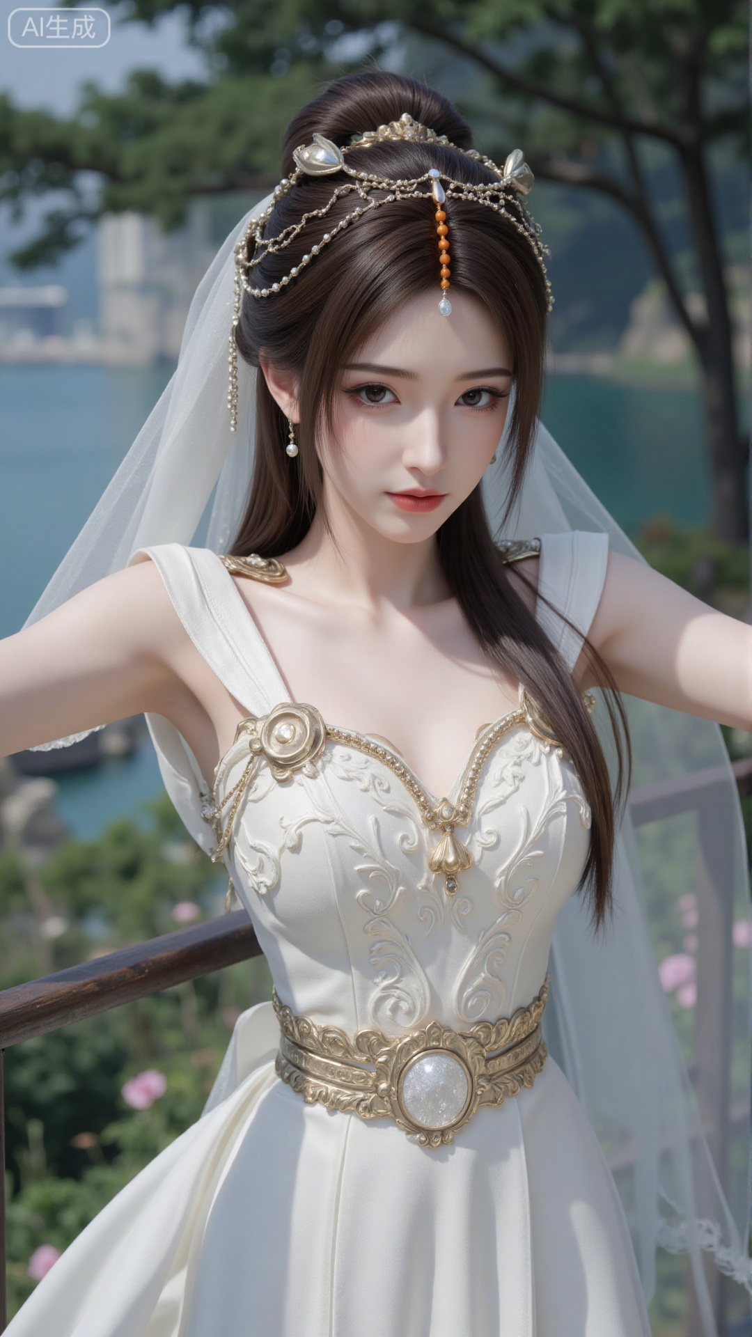 1girl, white wedding dress,looking at viewer, mischevious smile, perfect body, scenery, sharp focus, best quality, masterpiece, detailed outfit, illustration, perfect eyes, finely detailed beautiful anime eyes, realistic skin, intricate details, best lighting, depth of field, ultra high resolution, cowboy_shot, bride