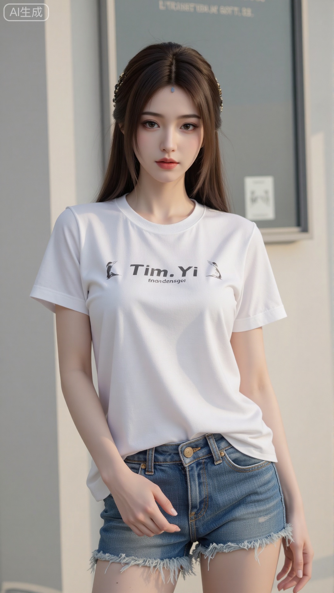 White t-shirt with ”Tim_Yi“ written on it, jeans shorts,1girl