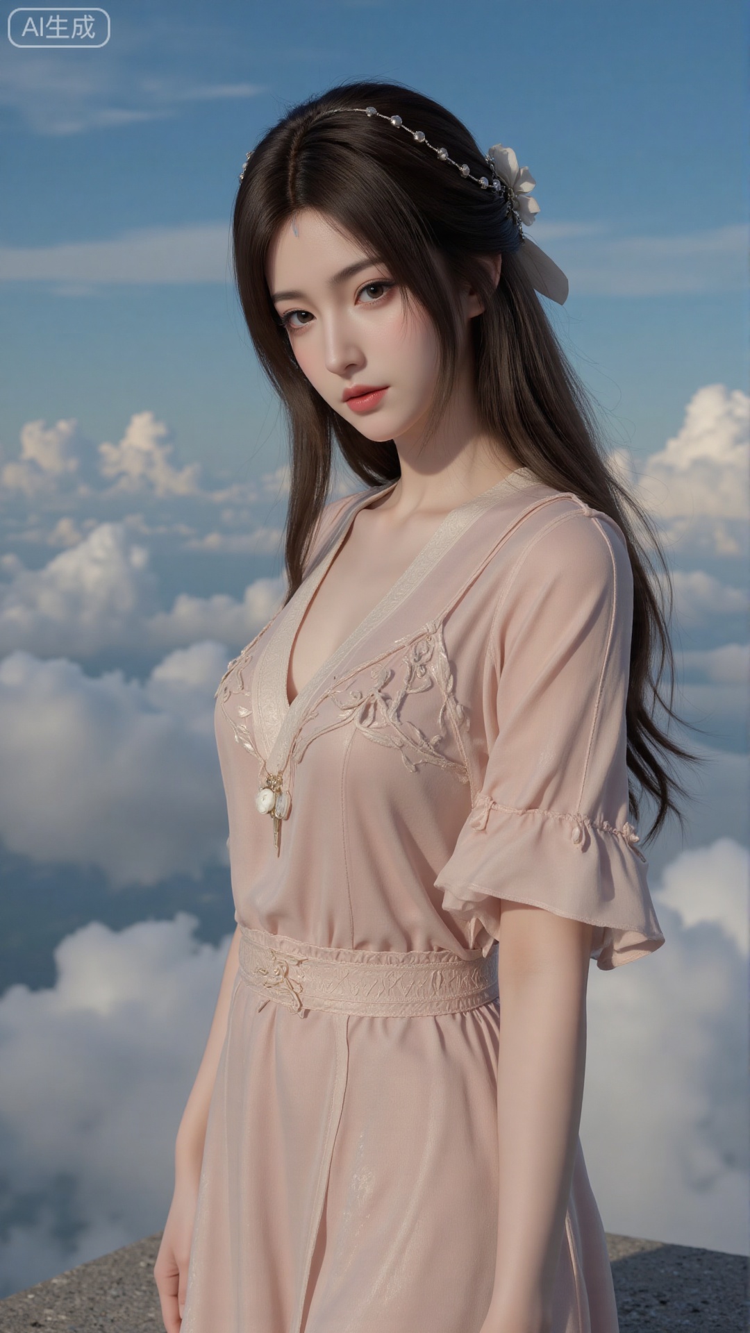 Very detailed face, extremely detailed eyes and face, blue eyes, (vacuum), 8K wallpaper, light leak, beautiful and detailed girl, extremely detailed CGUnity8K wallpaper, an extremely detailed and beautiful, beautiful and detailed eyes, masterpiece, best quality, Real photo level, (frontal shooting panoramic perspective), ( (Full body photo)), dynamic angle, dynamic pose, solo, ancient style silver hairpin with petals, blue sky and white clouds, (C cup), (huge round breasts), slender legs, super good figure, stunning beauty, (whole body in the mirror) , (wearing Lolita nightgown), (light reflects the shadow of the body through the clothes),vacuum,bare and smooth