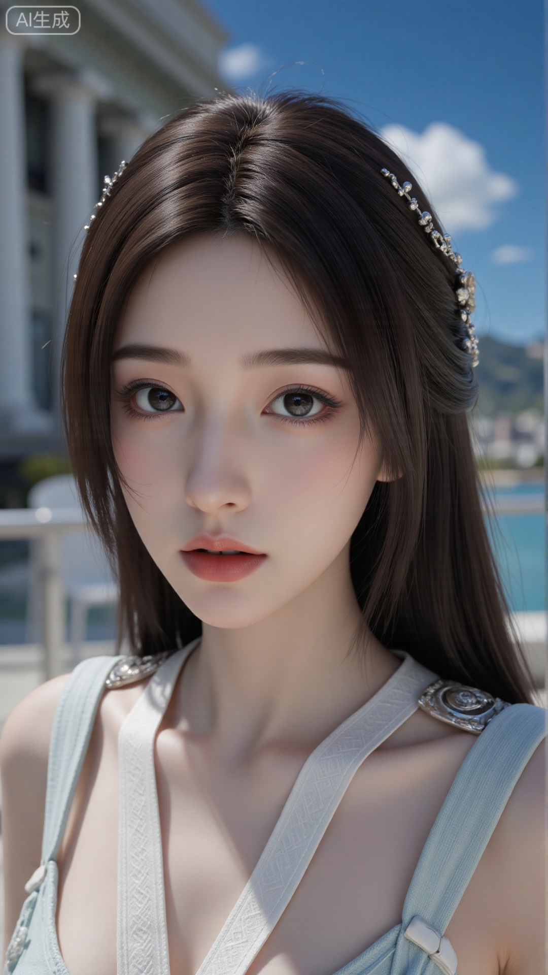 Very detailed face, extremely detailed eyes and face, blue eyes, (vacuum), 8K wallpaper, light leak, beautiful and detailed girl, extremely detailed CGUnity8K wallpaper, an extremely detailed and beautiful, beautiful and detailed eyes, masterpiece, best quality, Real photo level, (frontal shooting panoramic perspective), ( (Full body photo)), dynamic angle, dynamic pose, solo, ancient style silver hairpin with petals, blue sky and white clouds, (C cup), (huge round breasts), slender legs, super good figure, stunning beauty, (whole body in the mirror) , (wearing Lolita nightgown), (light reflects the shadow of the body through the clothes),vacuum,bare and smooth