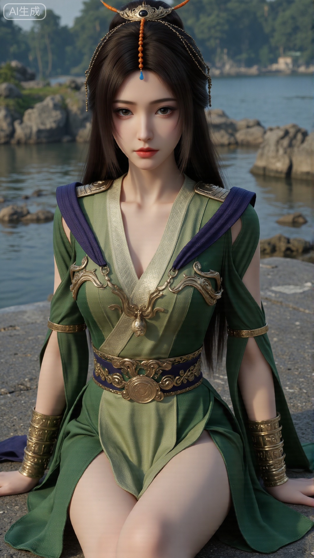 1girl, long hair, solo, green dress, hair ornament, black hair, chinese clothes, mischevious smile, perfect body, scenery, sharp focus, best quality, masterpiece, detailed outfit, illustration, perfect eyes, finely detailed beautiful anime eyes, realistic skin, intricate details, best lighting, depth of field, ultra high resolution, sitting