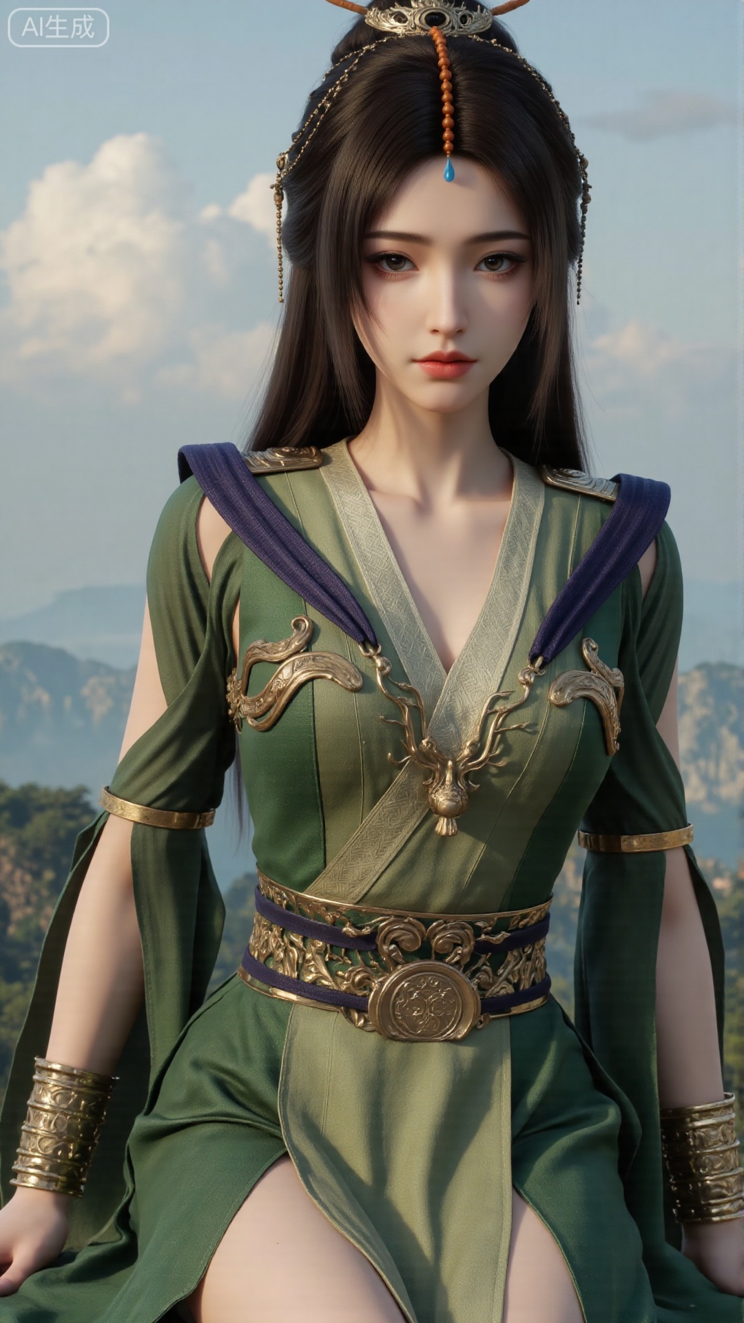 1girl, long hair, solo, green dress, hair ornament, black hair, chinese clothes, mischevious smile, perfect body, scenery, sharp focus, best quality, masterpiece, detailed outfit, illustration, perfect eyes, finely detailed beautiful anime eyes, realistic skin, intricate details, best lighting, depth of field, ultra high resolution, sitting