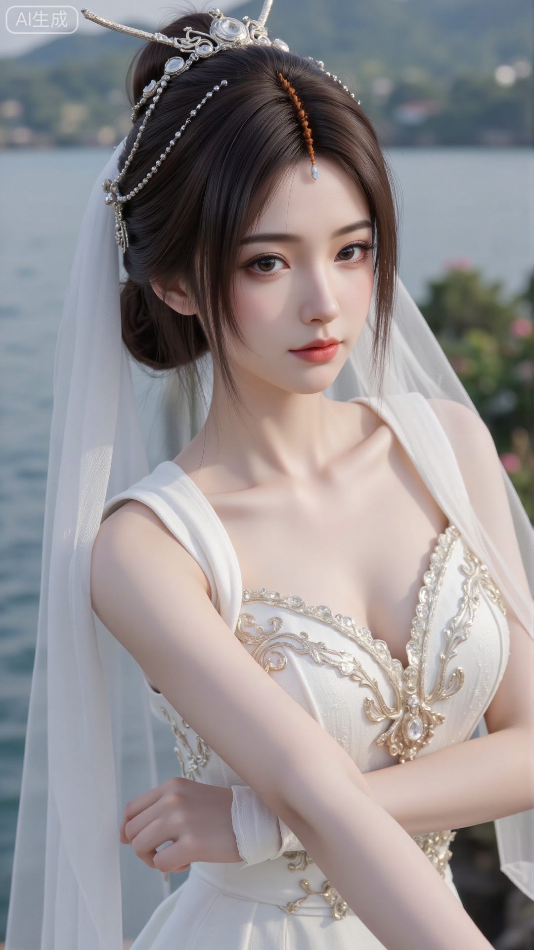 1girl, white wedding dress,looking at viewer, mischevious smile, perfect body, scenery, sharp focus, best quality, masterpiece, detailed outfit, illustration, perfect eyes, finely detailed beautiful anime eyes, realistic skin, intricate details, best lighting, depth of field, ultra high resolution, cowboy_shot, bride