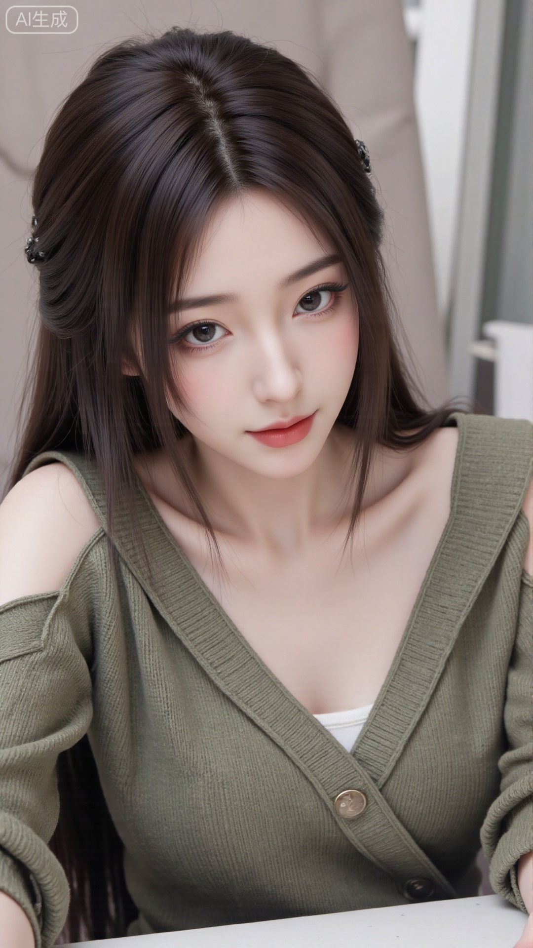 1girl, solo, long hair, looking at viewer, smile, sitting, collarbone, off shoulder, sweater, messy hair, realistic