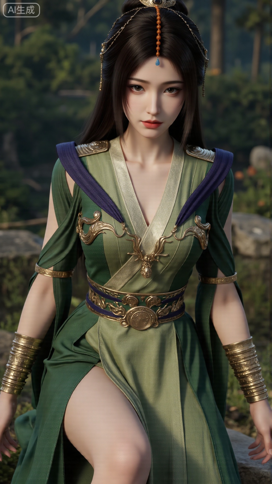 1girl, long hair, solo, green dress, hair ornament, black hair, chinese clothes, mischevious smile, perfect body, scenery, sharp focus, best quality, masterpiece, detailed outfit, illustration, perfect eyes, finely detailed beautiful anime eyes, realistic skin, intricate details, best lighting, depth of field, ultra high resolution, sitting