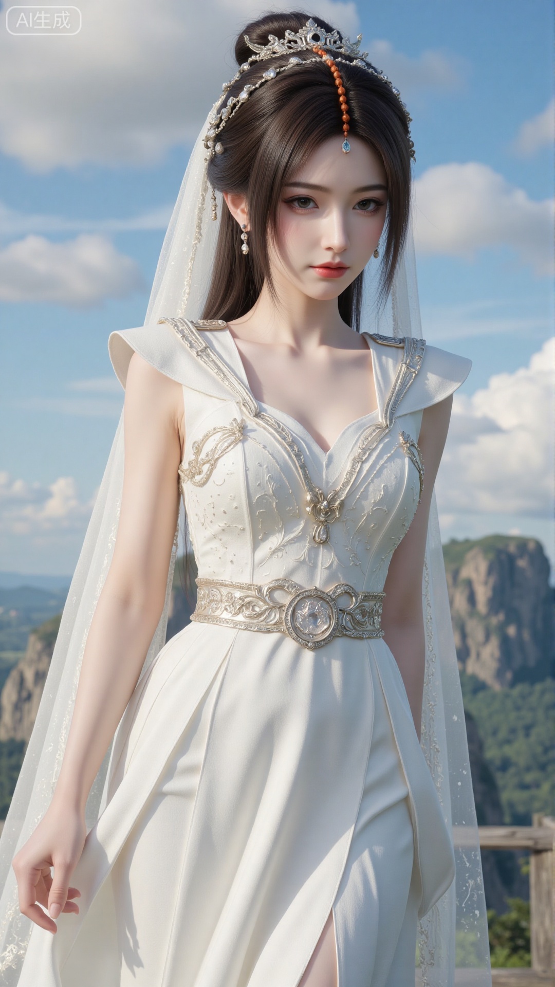 1girl, white wedding dress,looking at viewer, mischevious smile, perfect body, scenery, sharp focus, best quality, masterpiece, detailed outfit, illustration, perfect eyes, finely detailed beautiful anime eyes, realistic skin, intricate details, best lighting, depth of field, ultra high resolution, cowboy_shot, bride