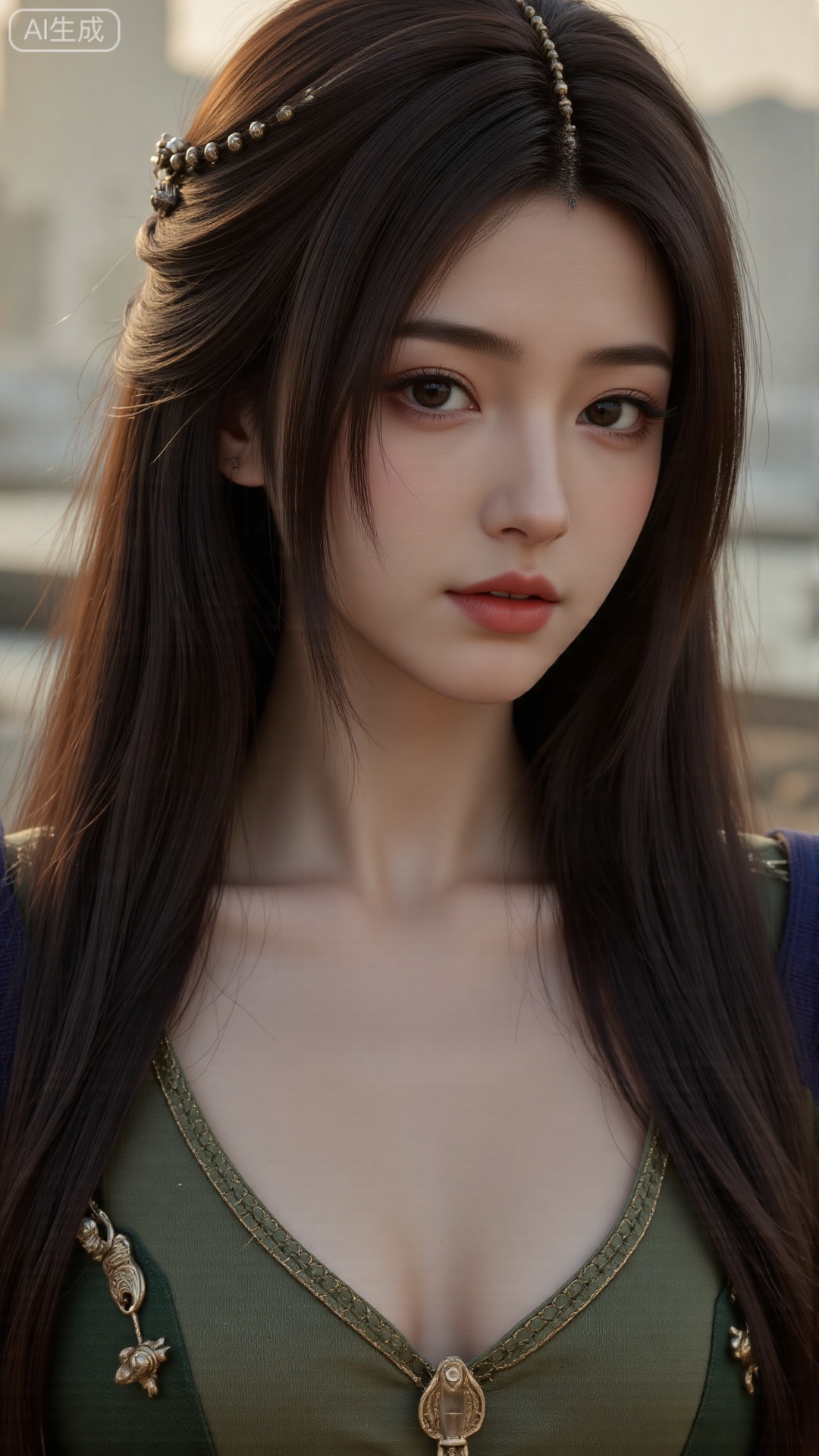  a asian woman, sexy long hair, blue eyes, charming and seductive temperament, distant close-up, golden ratio, movie texture, minimalism, high-end feeling, strong contrast between cold and warm, outdoor scenes, 