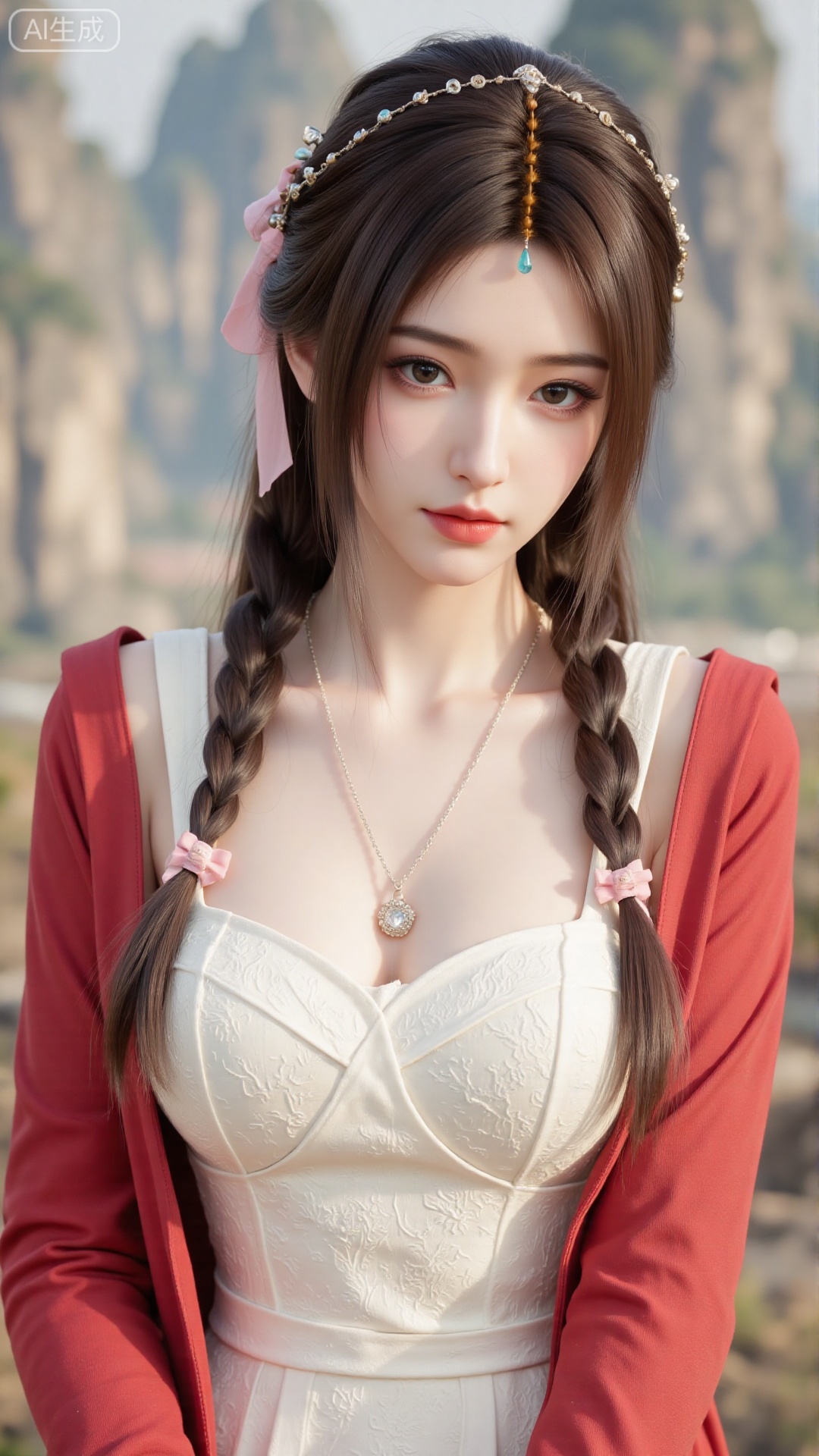 1girl,solo,jewelry,flower,hair flower,hair ornament,necklace,realistic,brown eyes,looking at viewer,dress,blurry background,twin braids,blurry,white dress,long hair,upper body,breasts,pink bow,red jacket,bare shoulders,lips,collarbone,outdoors,cleavage,large natural breast,soft breasts,huge Breasts