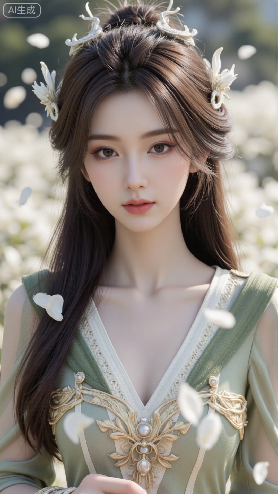 Create a high-definition and delicate picture of a character in a dreamy setting in Sydney. The character has a fresh and vibrant appearance with a delicate face and bright white eyes. Long, ancient hair cascades down, adorned with exquisite Sydney ornaments. Dreamy white petals gently fall around her, creating a serene and enchanting atmosphere. Ensure the image is both high-definition and delicate, capturing the essence of Sydney's beauty and the ethereal quality of the scene.