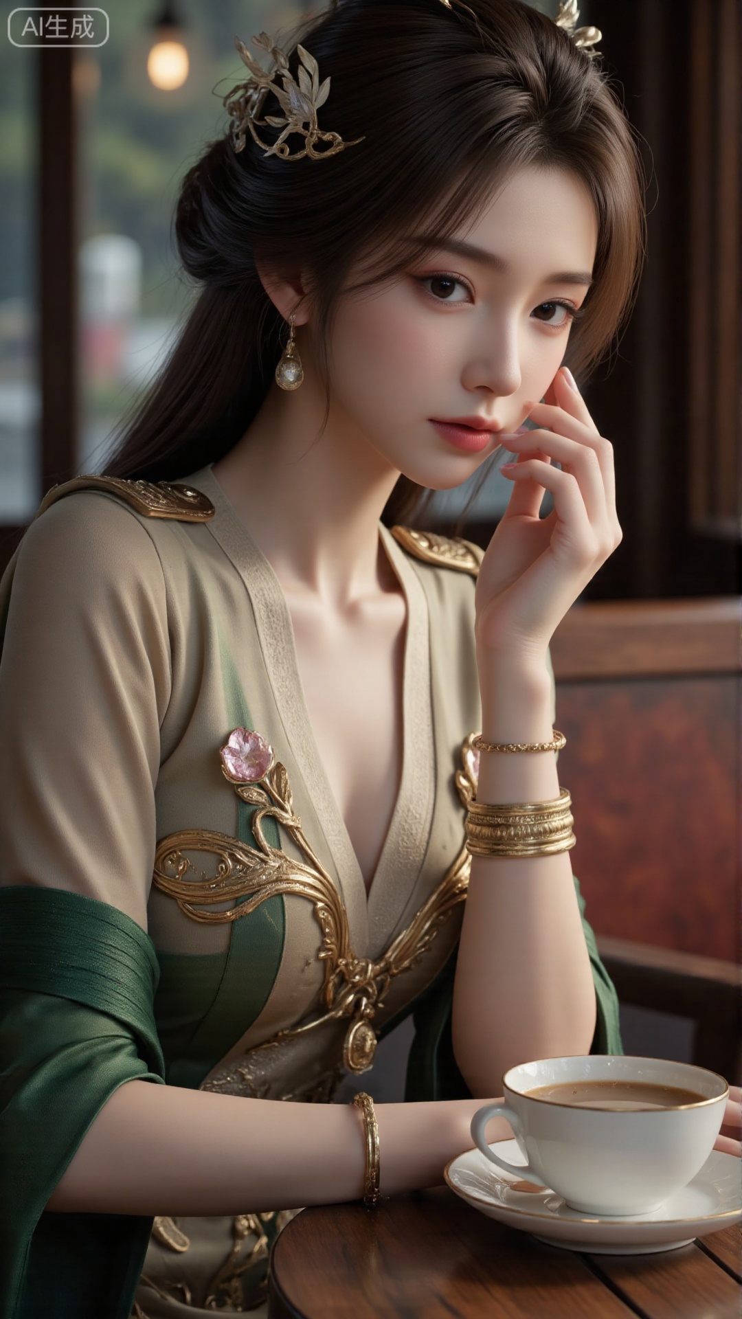 The top tall and sexy goddess has slender willow-leaf eyebrows, peach blossom eyes, plump and thick eyebrows. The eyes and eyes convey emotions, which are very charming. She was wearing a gorgeous sexy silk cheongsam, with a grand hairstyle. Her skin was as fair as jade, her facial features were delicate and three-dimensional, high-end and atmospheric. Her eyes were lively, as if she could attract people's hearts. She sat in a top luxury teahouse to drink tea. She was dignified and elegant. She sat in an elegant posture. The light and shadow effect created a dreamy atmosphere, ultra-high-definition details, extremely realistic, 4K ultra-clear. The clothes were loose and many scenes. Multiple hairstyles. There were multiple postures. The work of the master of the close-up shot.