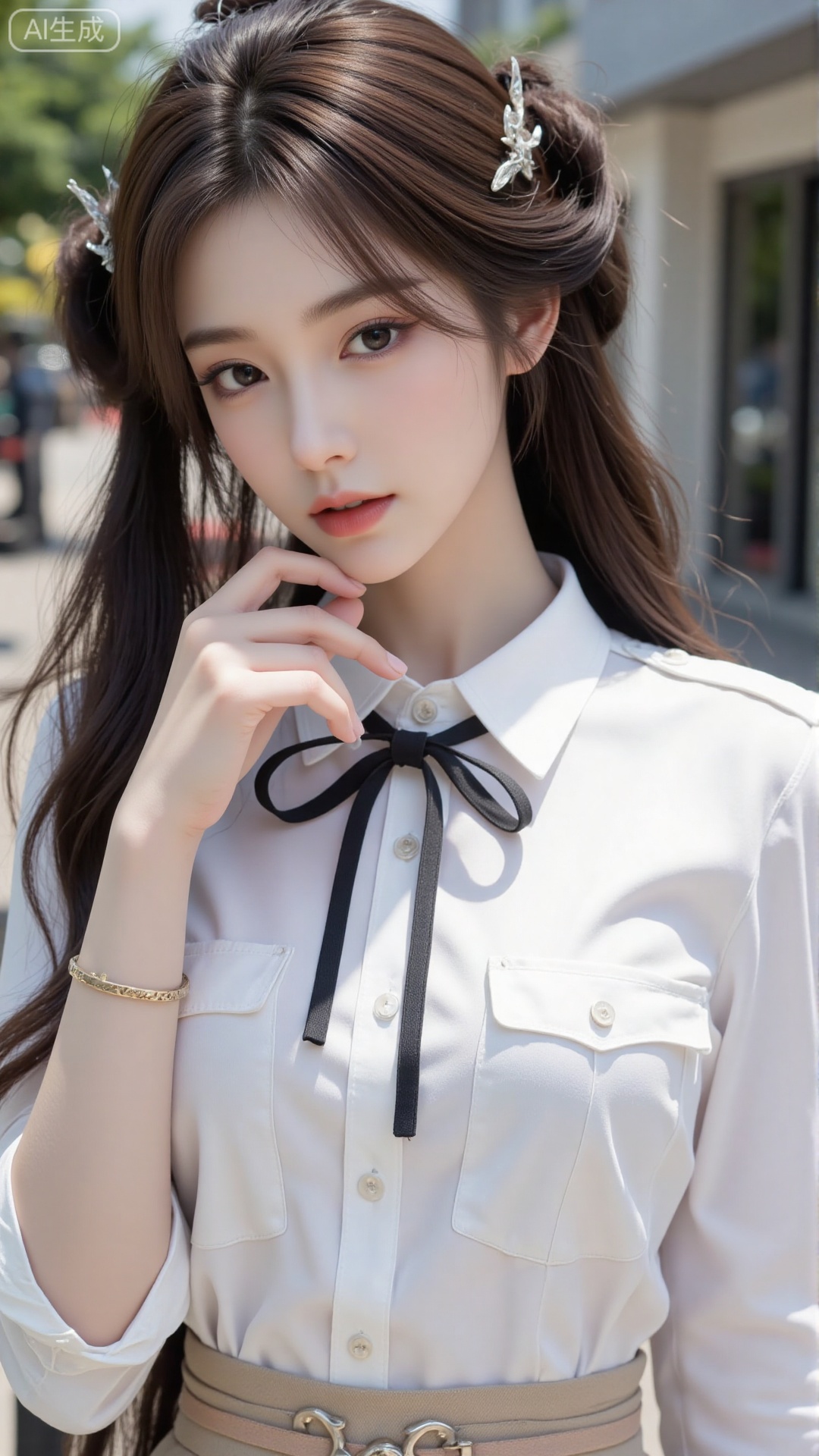 A fashionable girl with brown hair in pigtails, showing hair strands, in a realistic style. She is wearing a white shirt paired with a pleated skirt, and a black ribbon is tied at the collar. Natural light. Outdoor setting.
 
Natural skin texture, precise anatomical structure, high resolution, photorealistic, clear focus, 8K.,tianmei_realistic