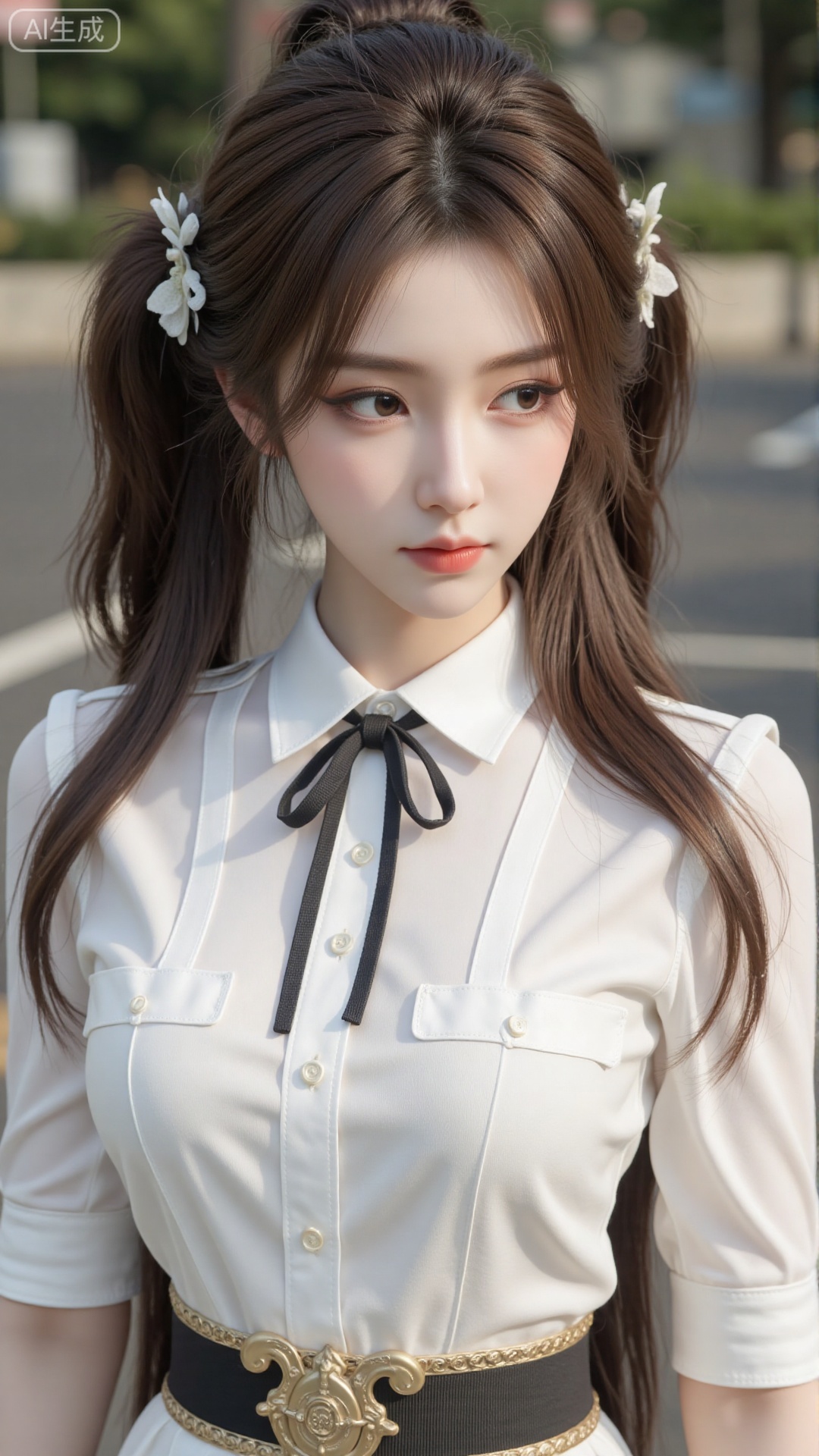 A fashionable girl with brown hair in pigtails, showing hair strands, in a realistic style. She is wearing a white shirt paired with a pleated skirt, and a black ribbon is tied at the collar. Natural light. Outdoor setting.
 
Natural skin texture, precise anatomical structure, high resolution, photorealistic, clear focus, 8K.,tianmei_realistic