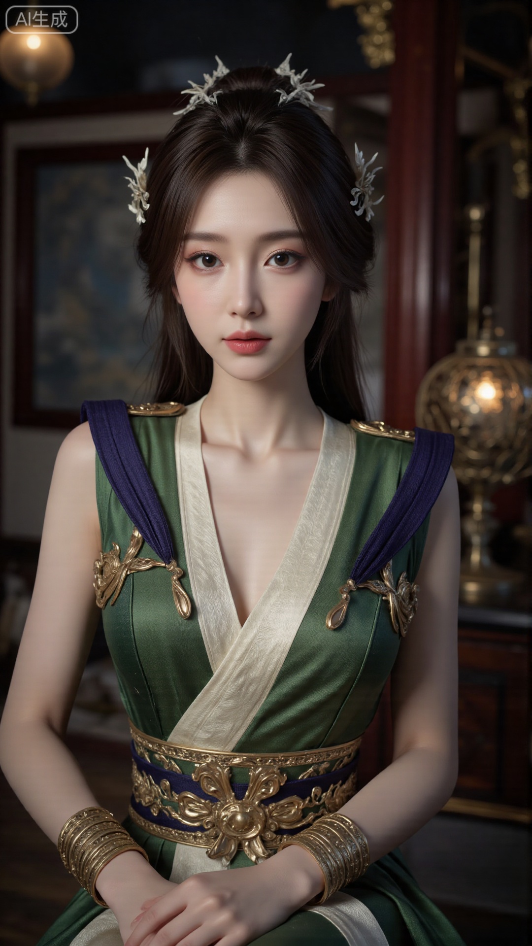 The top tall and sexy goddess has slender willow-leaf eyebrows, peach blossom eyes, plump and thick eyebrows. The eyes and eyes convey emotions, which are very charming. She was wearing a gorgeous sexy silk cheongsam, with a grand hairstyle. Her skin was as fair as jade, her facial features were delicate and three-dimensional, high-end and atmospheric. Her eyes were lively, as if she could attract people's hearts. She sat in a top luxury teahouse to drink tea. She was dignified and elegant. She sat in an elegant posture. The light and shadow effect created a dreamy atmosphere, ultra-high-definition details, extremely realistic, 4K ultra-clear. The clothes were loose and many scenes. Multiple hairstyles. There were multiple postures. The work of the master of the close-up shot.