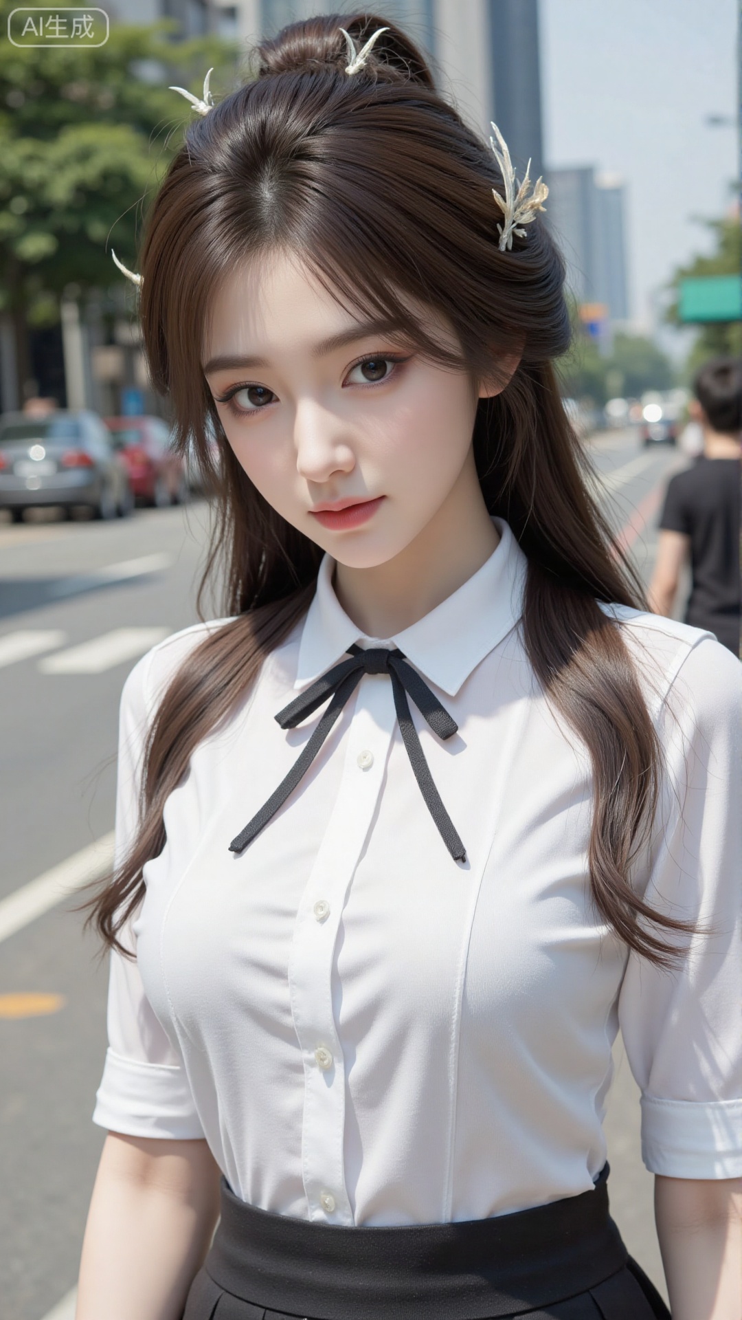 A fashionable girl with brown hair in pigtails, showing hair strands, in a realistic style. She is wearing a white shirt paired with a pleated skirt, and a black ribbon is tied at the collar. Natural light. Outdoor setting.
 
Natural skin texture, precise anatomical structure, high resolution, photorealistic, clear focus, 8K.,tianmei_realistic