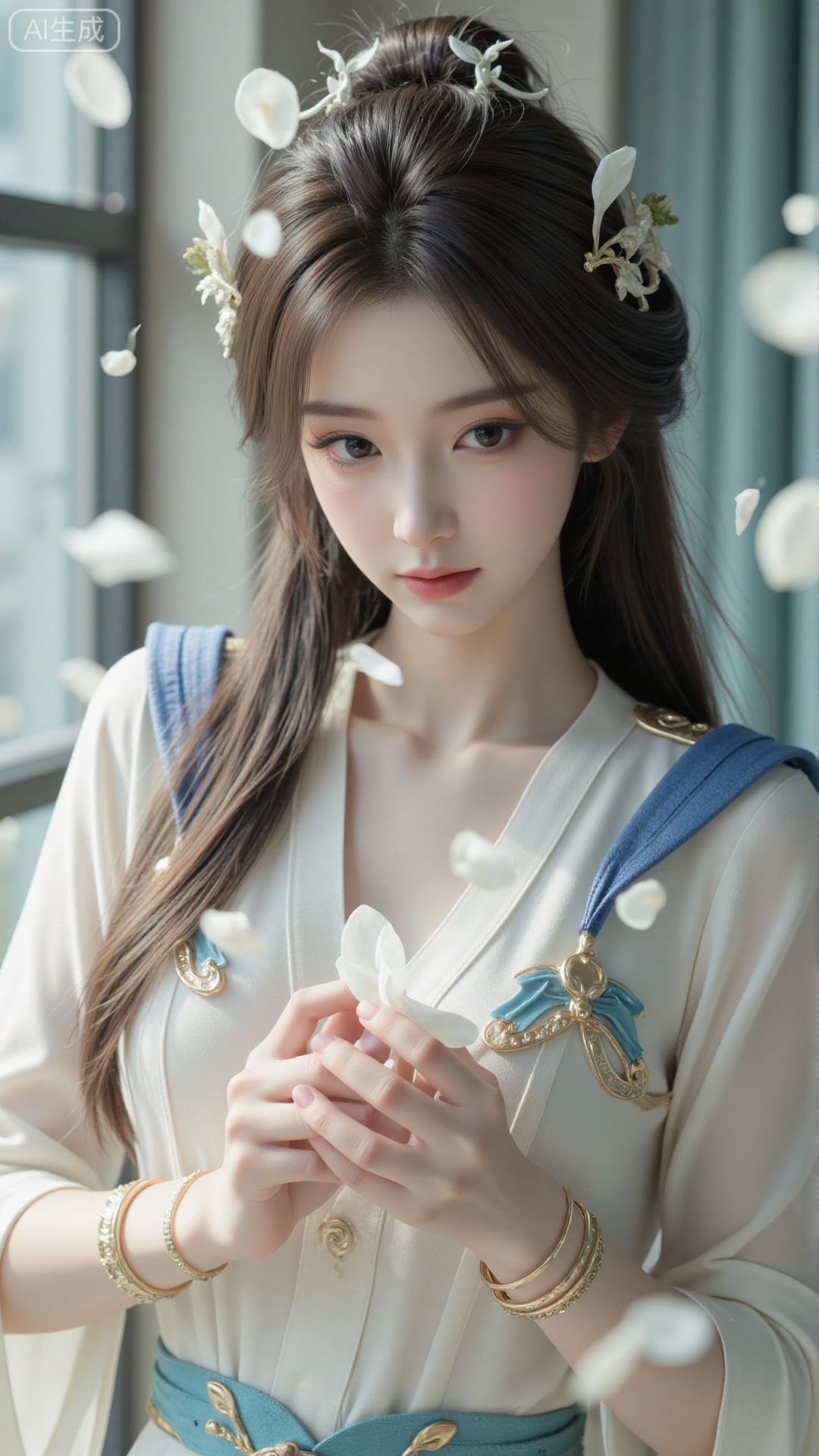 Create a high-definition and delicate picture of a character in a dreamy setting in Sydney. The character has a fresh and vibrant appearance with a delicate face and bright white eyes. Long, ancient hair cascades down, adorned with exquisite Sydney ornaments. Dreamy white petals gently fall around her, creating a serene and enchanting atmosphere. Ensure the image is both high-definition and delicate, capturing the essence of Sydney's beauty and the ethereal quality of the scene.