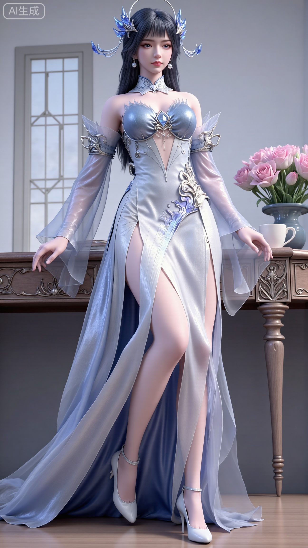 Ultra clear, wallpaper, 8k, masterpiece, 1girl, solo, long hair, breasts, looking at viewer, bangs, large breasts, dress, cleavage, bare shoulders, jewelry, black hair, standing, purple eyes, full body, flower, thighs, indoors, hair bun, white dress, high heels, cup, see-through, book, bare legs, window, table, white footwear, standing on one leg, curtains, pink flower, side slit, vase, phone screen,(huge breasts:2.99),(full breasts:2.99),,Xbigbreasts,XbaifengsongyuYH,XliuyuYH2,XanmyXM,XlanxianYH,XtianqiongYH,Xxiantainvzi