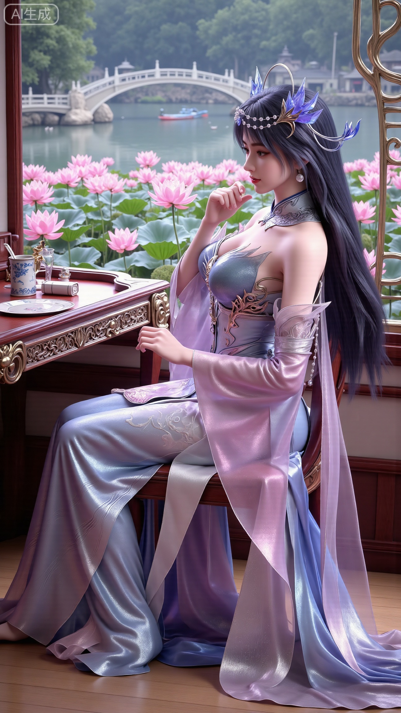 (masterpiece, best quality:1.2),1girl, solo, long dress,Ancient princess's boudoir with bright color palette,,(huge breasts:2.59),(full breasts:2.39), Hanfu-clad maiden sitting by latticed window desk in romantic daydreaming posture, classical Chinese garden through window showcasing lotus pond filled with blooming pink and white lotuses, delicate ink-wash painting style, interior featuring rosewood furniture with mother-of-pearl inlay, silk curtains fluttering in breeze, porcelain stationery set on desk, distant view of curved bridges and pavilions in garden, ultra HD rendering with crisp details on embroidered garments and translucent lotus petals,,(huge breasts:2.99),(full breasts:2.99),Xbigbreasts,XbaifengsongyuYH,XliuyuYH2,XanmyXM,XlanxianYH,XtianqiongYH,Xxiantainvzi