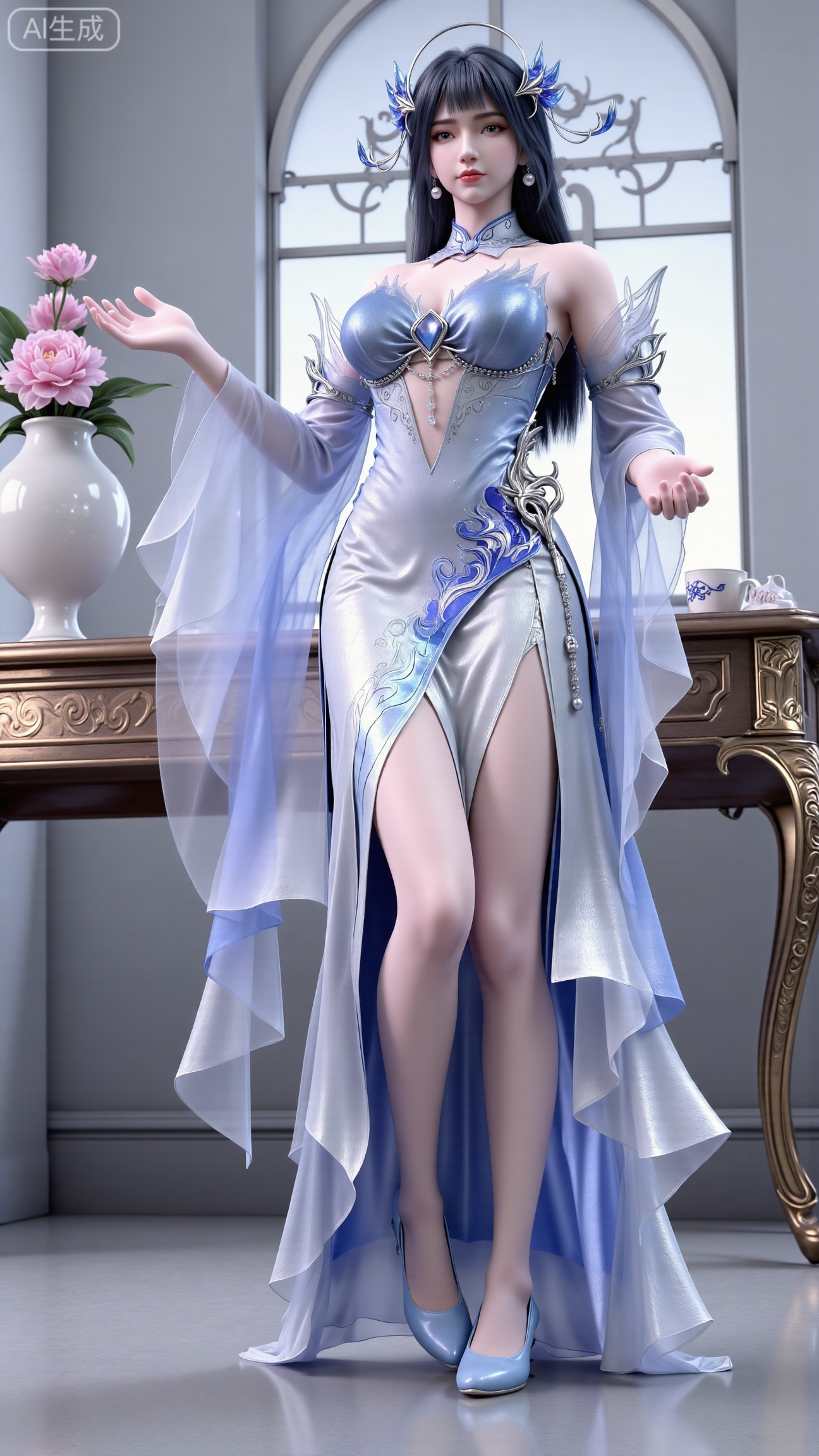 Ultra clear, wallpaper, 8k, masterpiece, 1girl, solo, long hair, breasts, looking at viewer, bangs, large breasts, dress, cleavage, bare shoulders, jewelry, black hair, standing, purple eyes, full body, flower, thighs, indoors, hair bun, white dress, high heels, cup, see-through, book, bare legs, window, table, white footwear, standing on one leg, curtains, pink flower, side slit, vase, phone screen,(huge breasts:2.99),(full breasts:2.99),,Xbigbreasts,XbaifengsongyuYH,XliuyuYH2,XanmyXM,XlanxianYH,XtianqiongYH,Xxiantainvzi