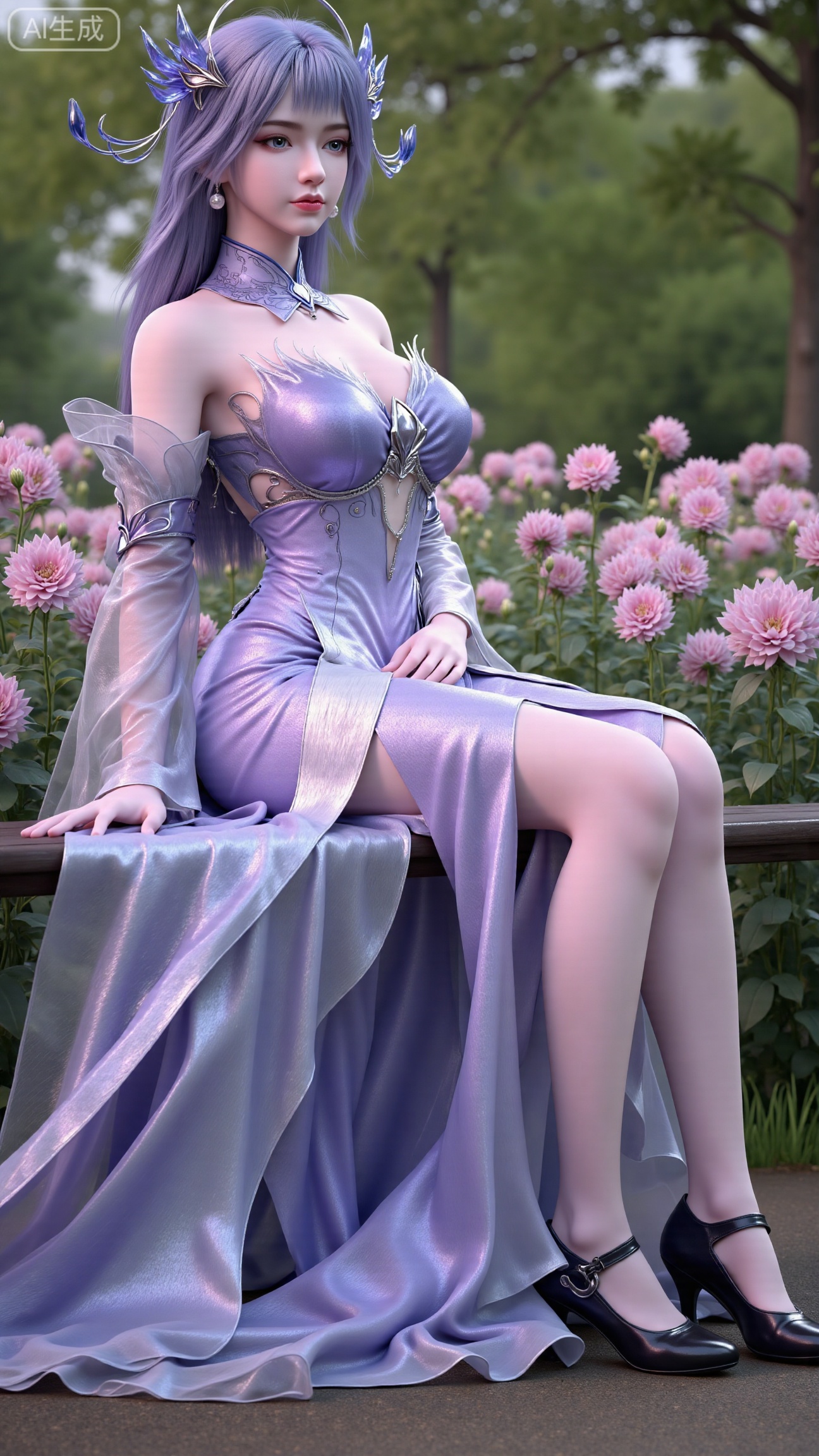 (masterpiece, best quality:1.2),A beauty ,(light purple long dress). black Stockings, high heels,, paired with a sheer knitted cardigan and Mary Jane shoes. Leaning on a garden bench filled with macaron - colored flowers,.Sunlight filters through the leaves onto her face, creating a lazy and gentle atmosphere, and her skirt sways softly in the breeze. 8K resolution, detailed texture of knitted fabric, lustrous pearl texture, vivid flower colors, soft natural light, Instagram - style filter texture.,(huge breasts:2.99),(full breasts:2.99),,Xbigbreasts,XbaifengsongyuYH,XliuyuYH2,XanmyXM,XlanxianYH,XtianqiongYH,Xxiantainvzi