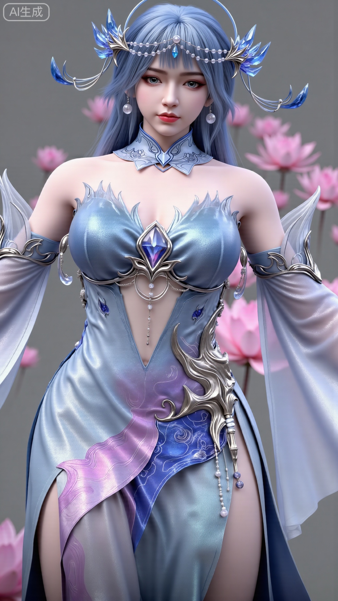 (masterpiece, best quality:1.2),1girl, navel, solo, midriff, bare shoulders, hair ornament,(long hair),(High double ponytail:1.19), red lips, BREAK, (looking at viewer:1.39), chinese clothes,(Holographic Color long dress:1.36), (lace,Rainbow Gradient Color:1.28), BREAK,blurry, solo focus, long hair, lips, daytime, lipstick, outdoors, standing,upper body,(huge breasts:2.89), background, solo, makeup,(Stockings, high heels:1.29),(huge breasts:2.99),(full breasts:2.99),,(Background with lotus pond and pink lotus flowers:1.39),Xbigbreasts,XbaifengsongyuYH,XliuyuYH2,XanmyXM,XlanxianYH,XtianqiongYH,Xxiantainvzi