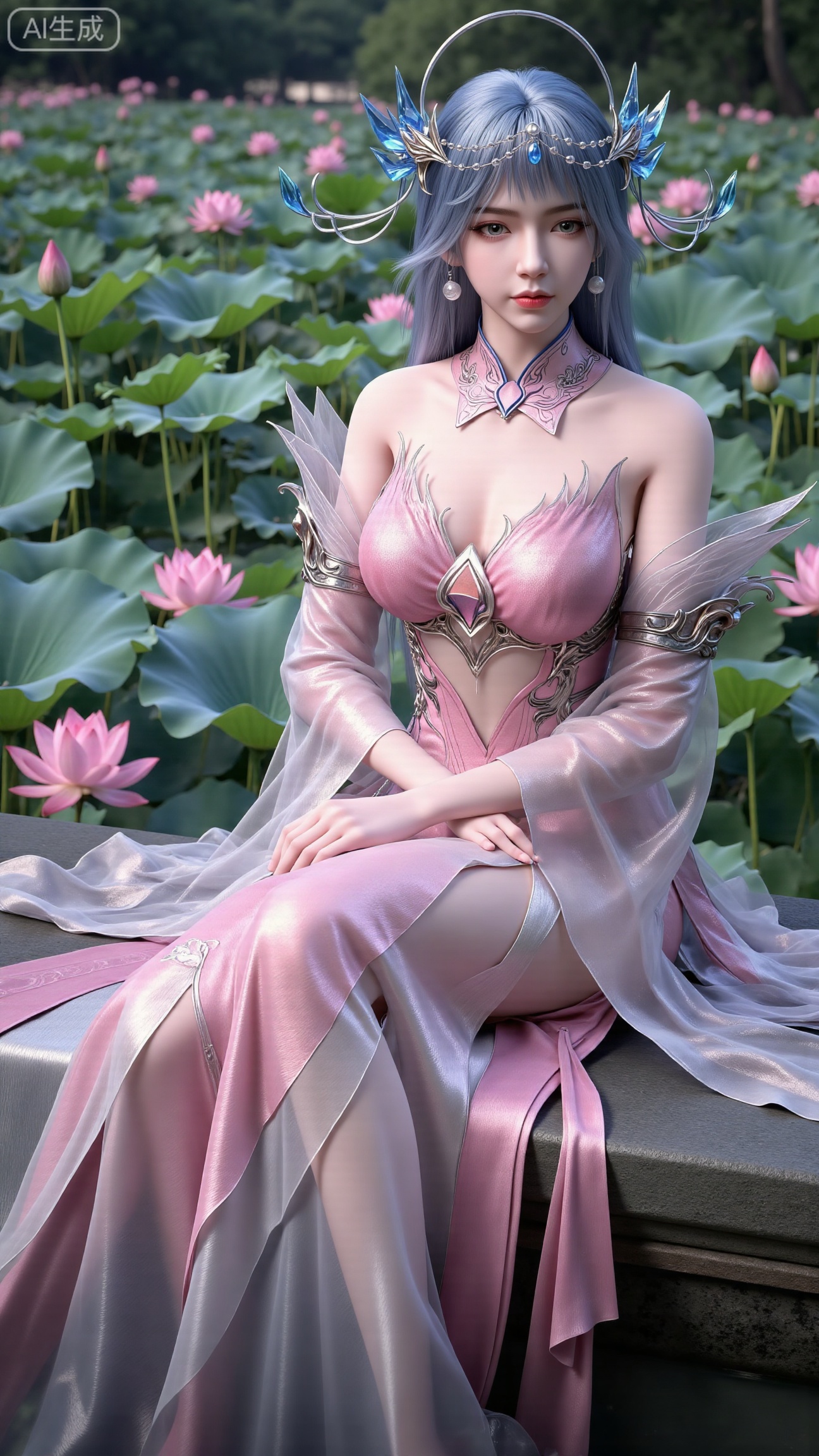  masterpiece,1girl,long hair,(Sitting by the lotus pond in the garden:1.3),(long dress:1.3),beautiful face,short sleeves,holding flower,looking at viewer,(huge breasts:2.99),(full breasts:2.99),,(Background with lotus pond and pink lotus flowers:1.39),Xbigbreasts,XbaifengsongyuYH,XliuyuYH2,XanmyXM,XlanxianYH,XtianqiongYH,Xxiantainvzi