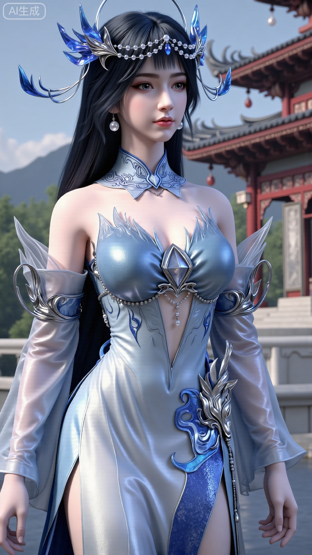 (masterpiece, best quality:1.2),1 girl, solo, long hair, black hair, hair accessories, clothing, cleavage cuts, long dress, jewelry, upper body, earrings. Background is outdoor, sky, clouds, water, trees, architecture, landscape, lantern, mountain, dragon, architecture, bridge, east Asian architecture, fog, pagoda,,(huge breasts:2.99),(full breasts:2.99),Xbigbreasts,XbaifengsongyuYH,XliuyuYH2,XanmyXM,XlanxianYH,XtianqiongYH,Xxiantainvzi