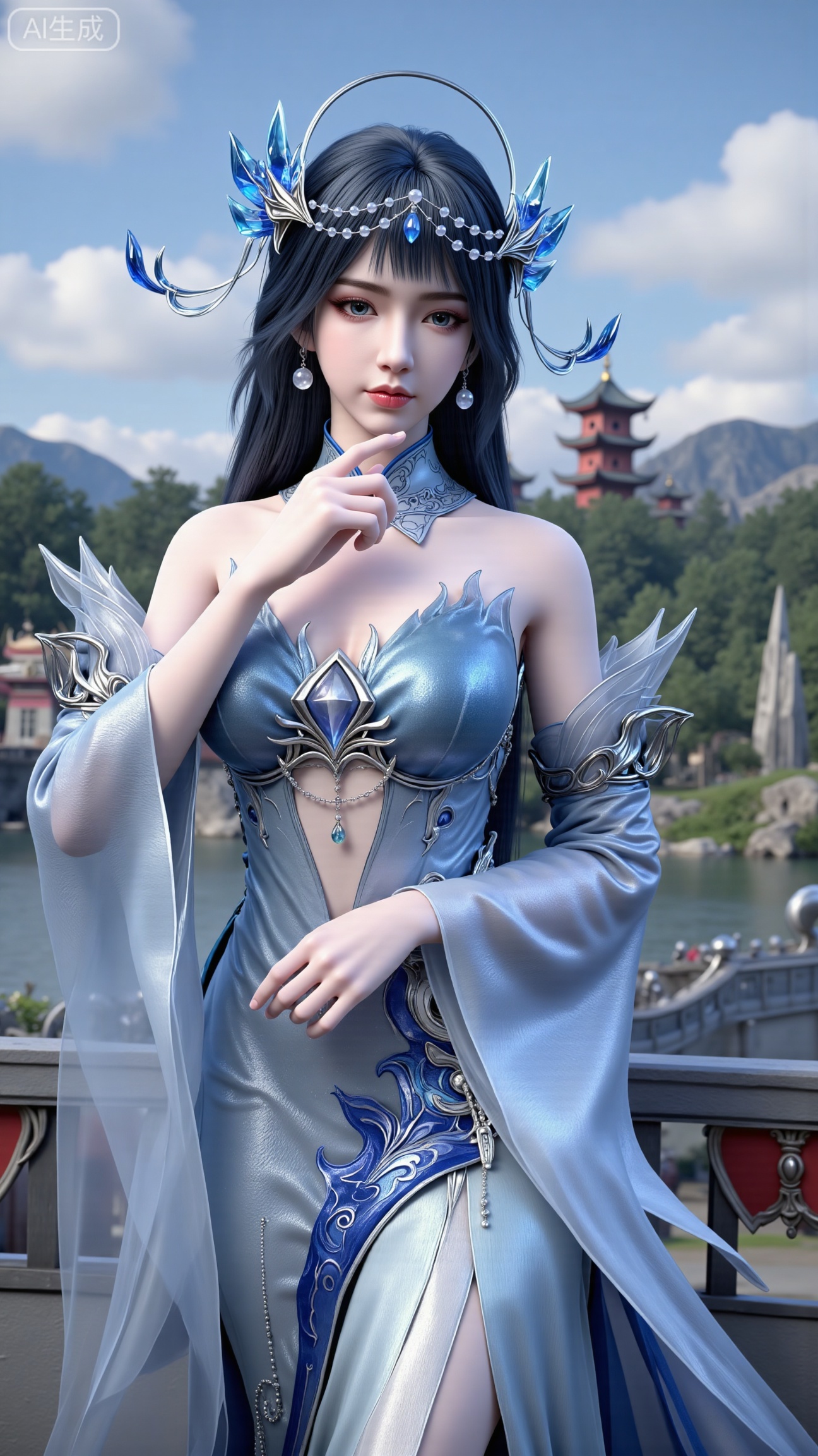 (masterpiece, best quality:1.2),1 girl, solo, long hair, black hair, hair accessories, clothing, cleavage cuts, long dress, jewelry, upper body, earrings. Background is outdoor, sky, clouds, water, trees, architecture, landscape, lantern, mountain, dragon, architecture, bridge, east Asian architecture, fog, pagoda,,(huge breasts:2.99),(full breasts:2.99),Xbigbreasts,XbaifengsongyuYH,XliuyuYH2,XanmyXM,XlanxianYH,XtianqiongYH,Xxiantainvzi