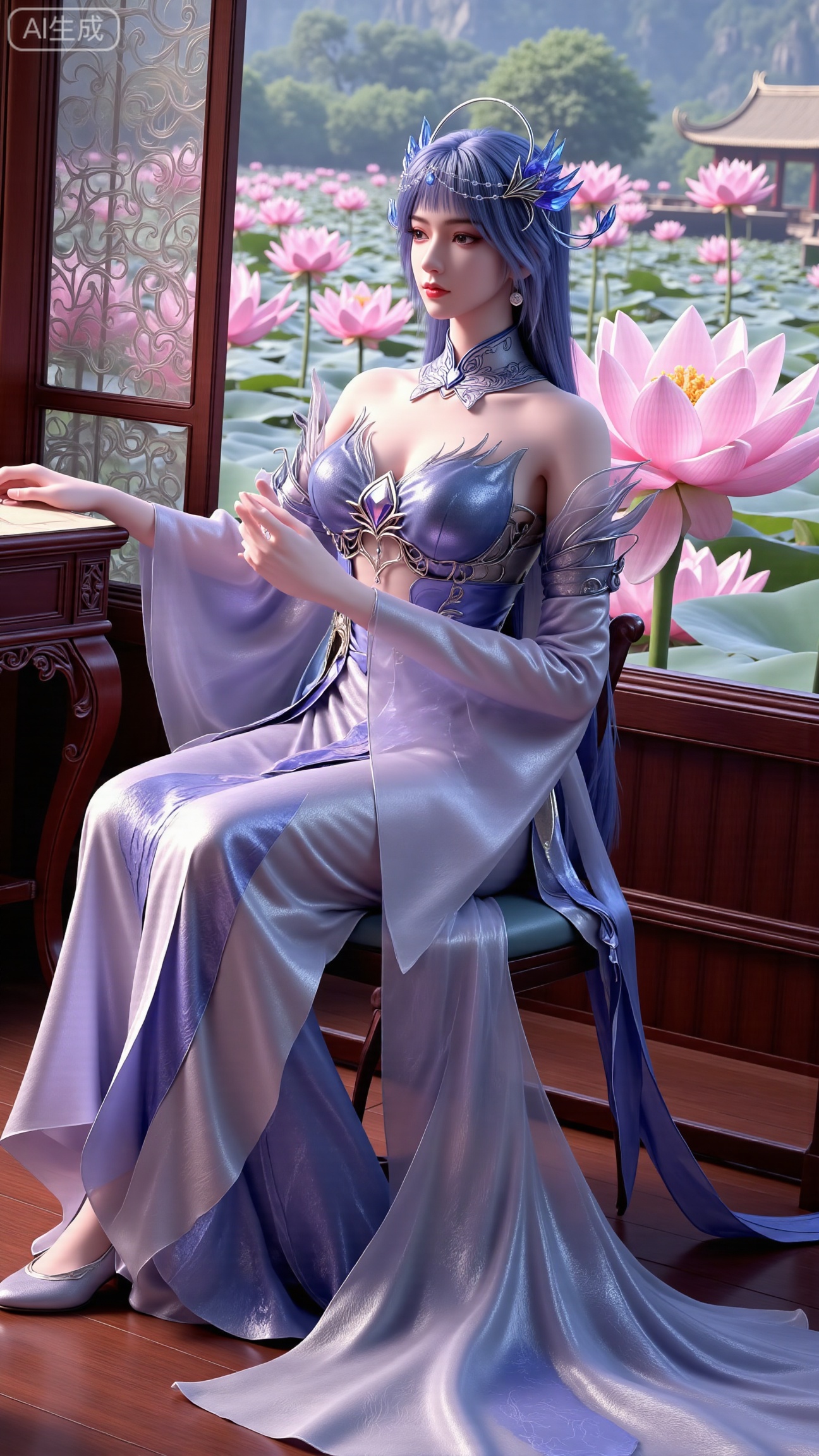 (masterpiece, best quality:1.2),1girl, solo, long dress,Ancient princess's boudoir with bright color palette,,(huge breasts:2.59),(full breasts:2.39), Hanfu-clad maiden sitting by latticed window desk in romantic daydreaming posture, classical Chinese garden through window showcasing lotus pond filled with blooming pink and white lotuses, delicate ink-wash painting style, interior featuring rosewood furniture with mother-of-pearl inlay, silk curtains fluttering in breeze, porcelain stationery set on desk, distant view of curved bridges and pavilions in garden, ultra HD rendering with crisp details on embroidered garments and translucent lotus petals,,(huge breasts:2.99),(full breasts:2.99),Xbigbreasts,XbaifengsongyuYH,XliuyuYH2,XanmyXM,XlanxianYH,XtianqiongYH,Xxiantainvzi
